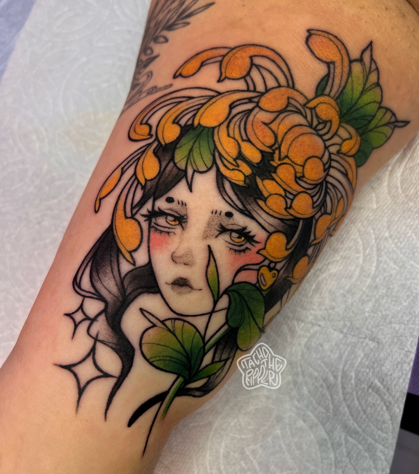 Woman with flowers American traditional tattoo on the forearm by tacho ☻ 張玉玲