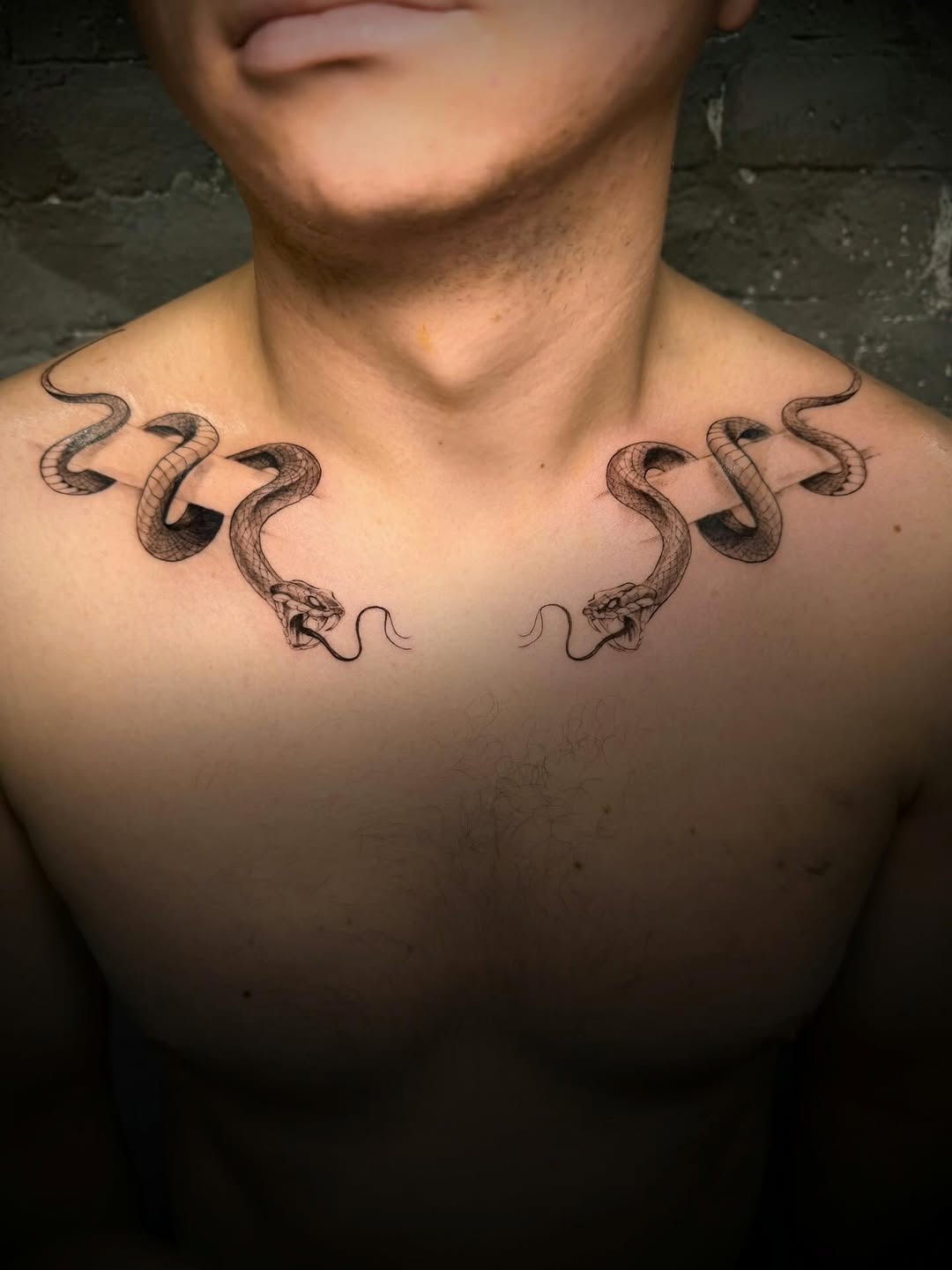 Two snakes blackwork tattoo on the chest by Nyc Tattoo Manhattan