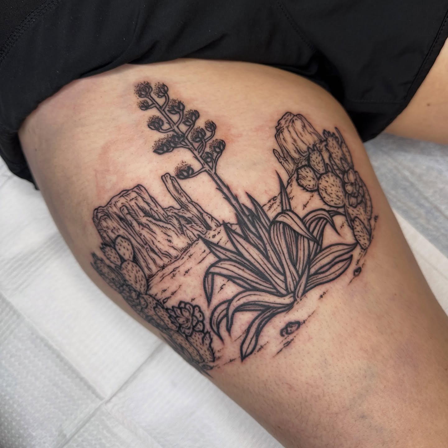 Desert flora realism tattoo on the thigh by rosalie