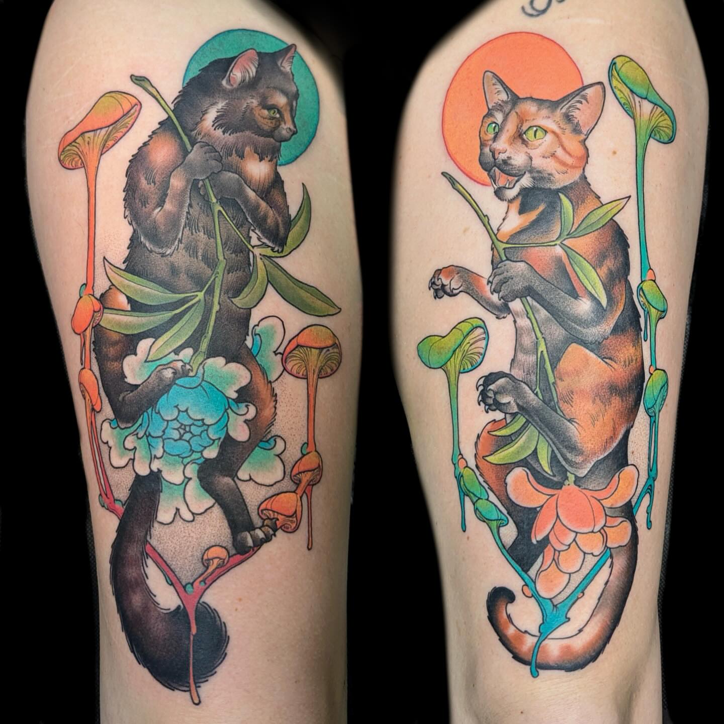 Cat and mushrooms new school tattoo on the forearm by Kyle Kozek, Columbus, Ohio