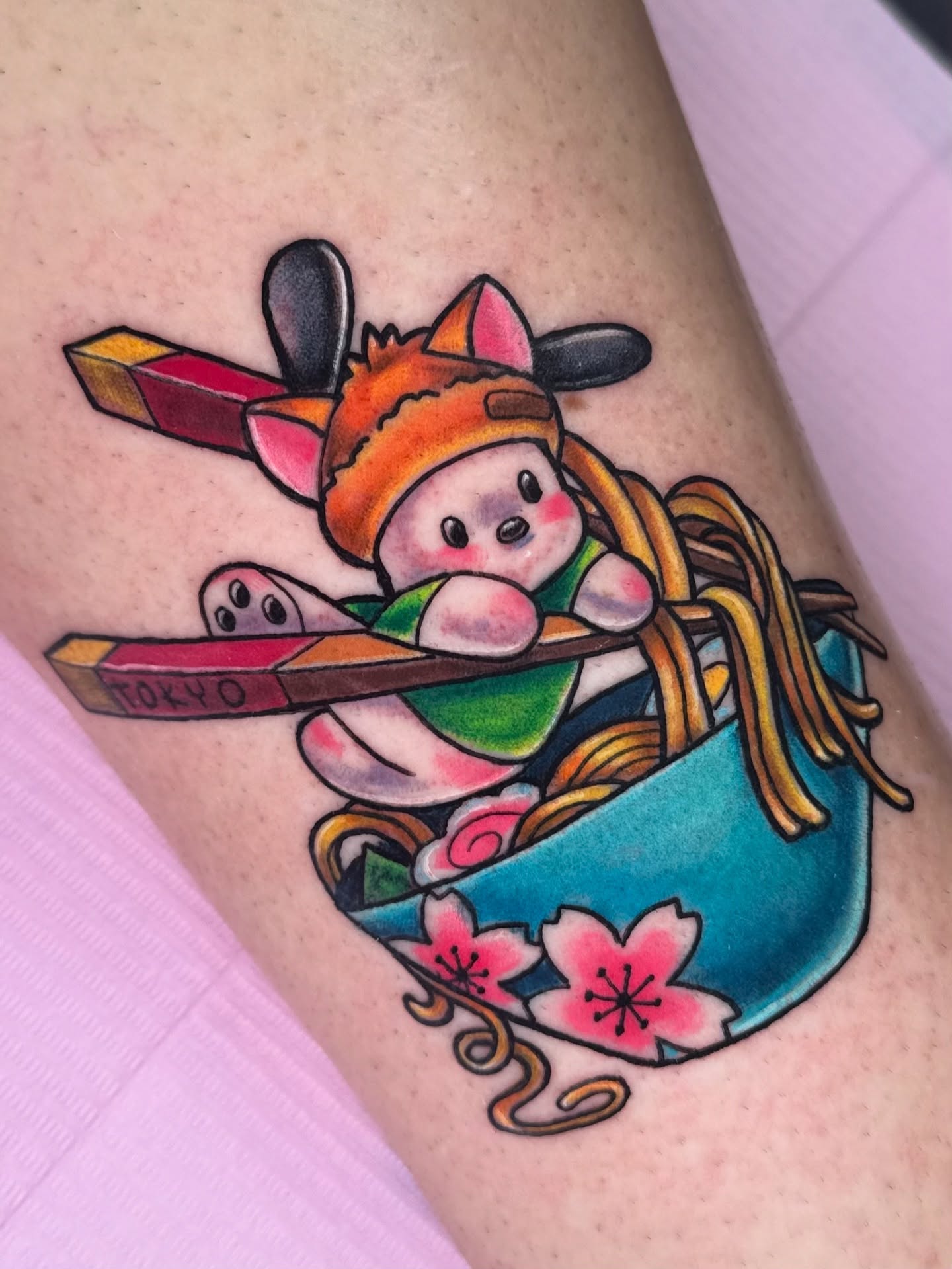 Chibi character in boat new school tattoo on the thigh by Breanna B