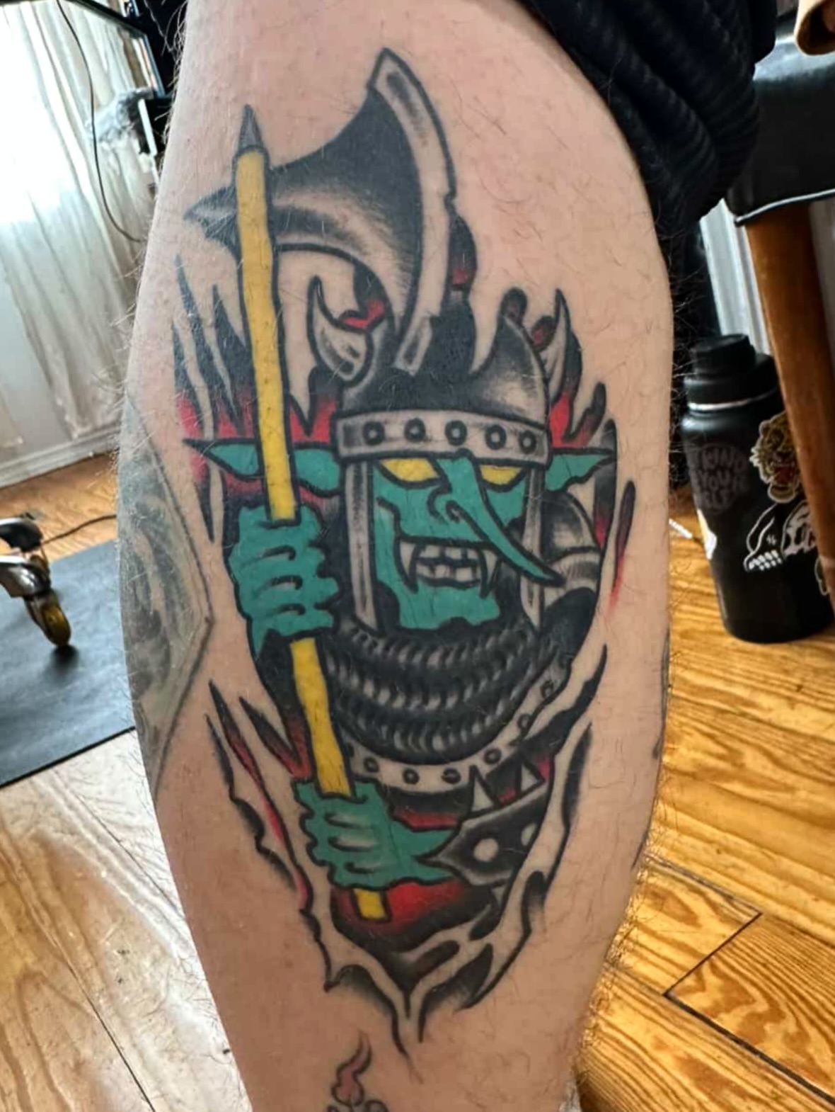 Viking warrior American traditional tattoo on the thigh by David Armacost, Cincinnati, Ohio
