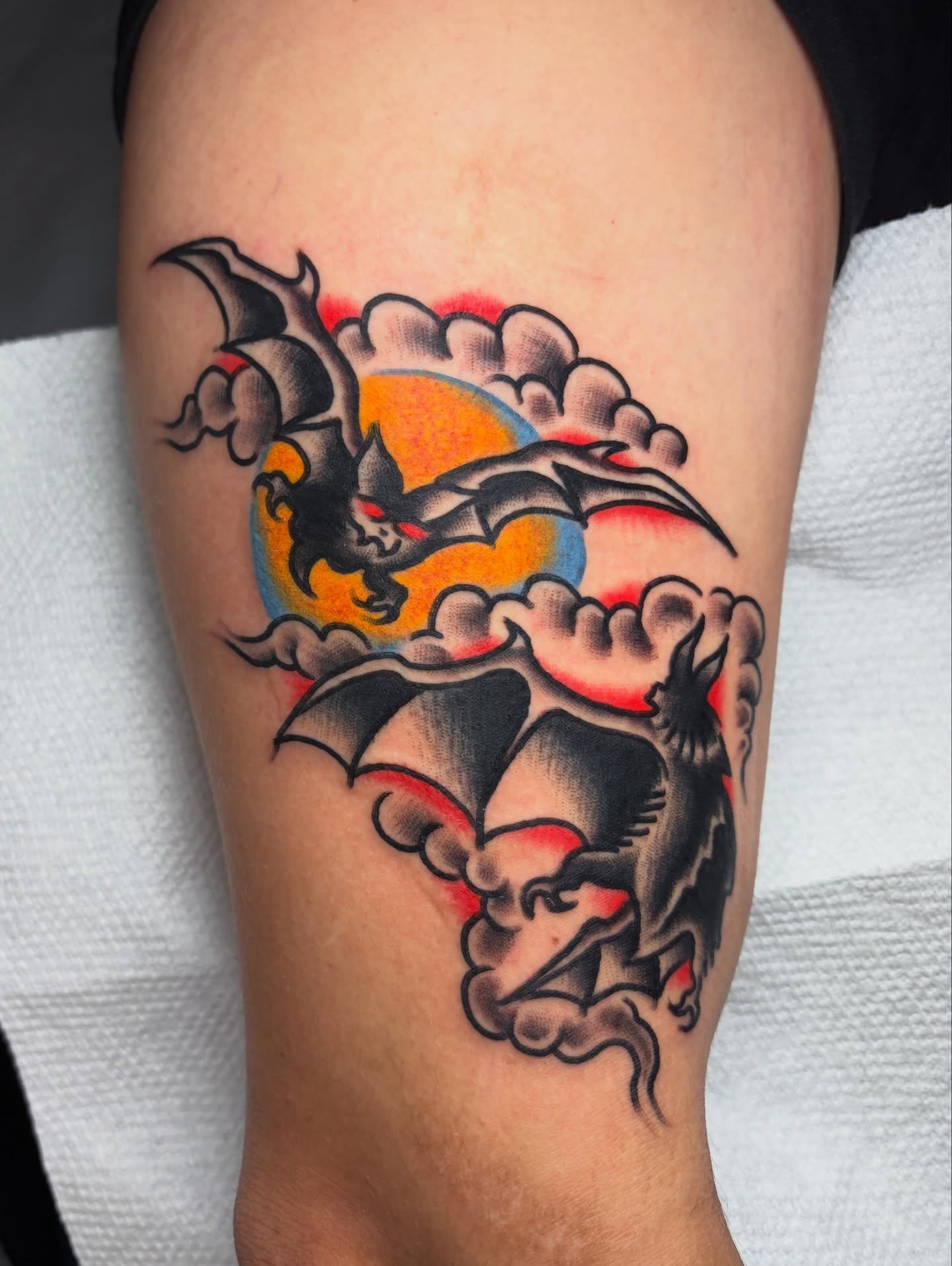 Bat American traditional tattoo on the forearm by David Armacost, Cincinnati, Ohio