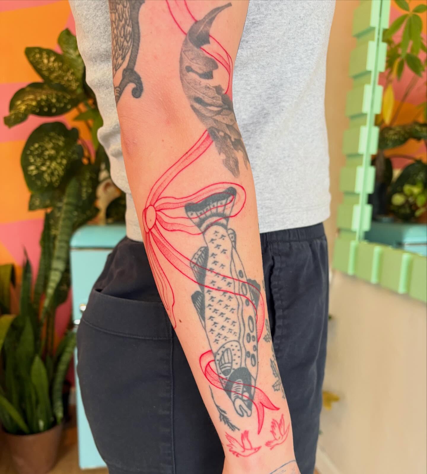 Fish and ribbon American traditional tattoo on the forearm by ♥ Allie Moon ♥
