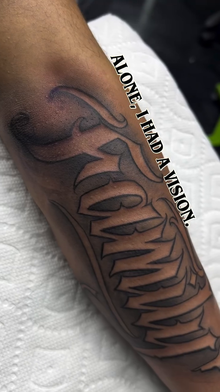 Tattoo by @302inkgod — lettering_script, black_and_grey