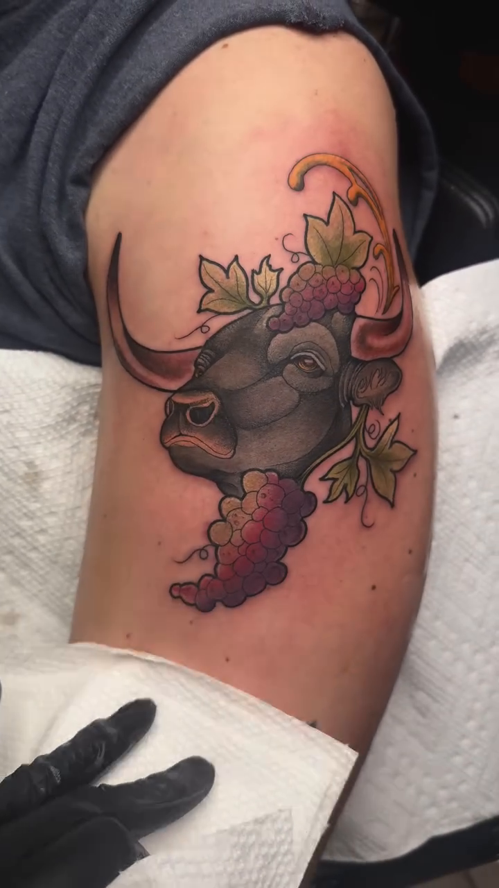 Bull head with grapes neo-traditional tattoo by K9