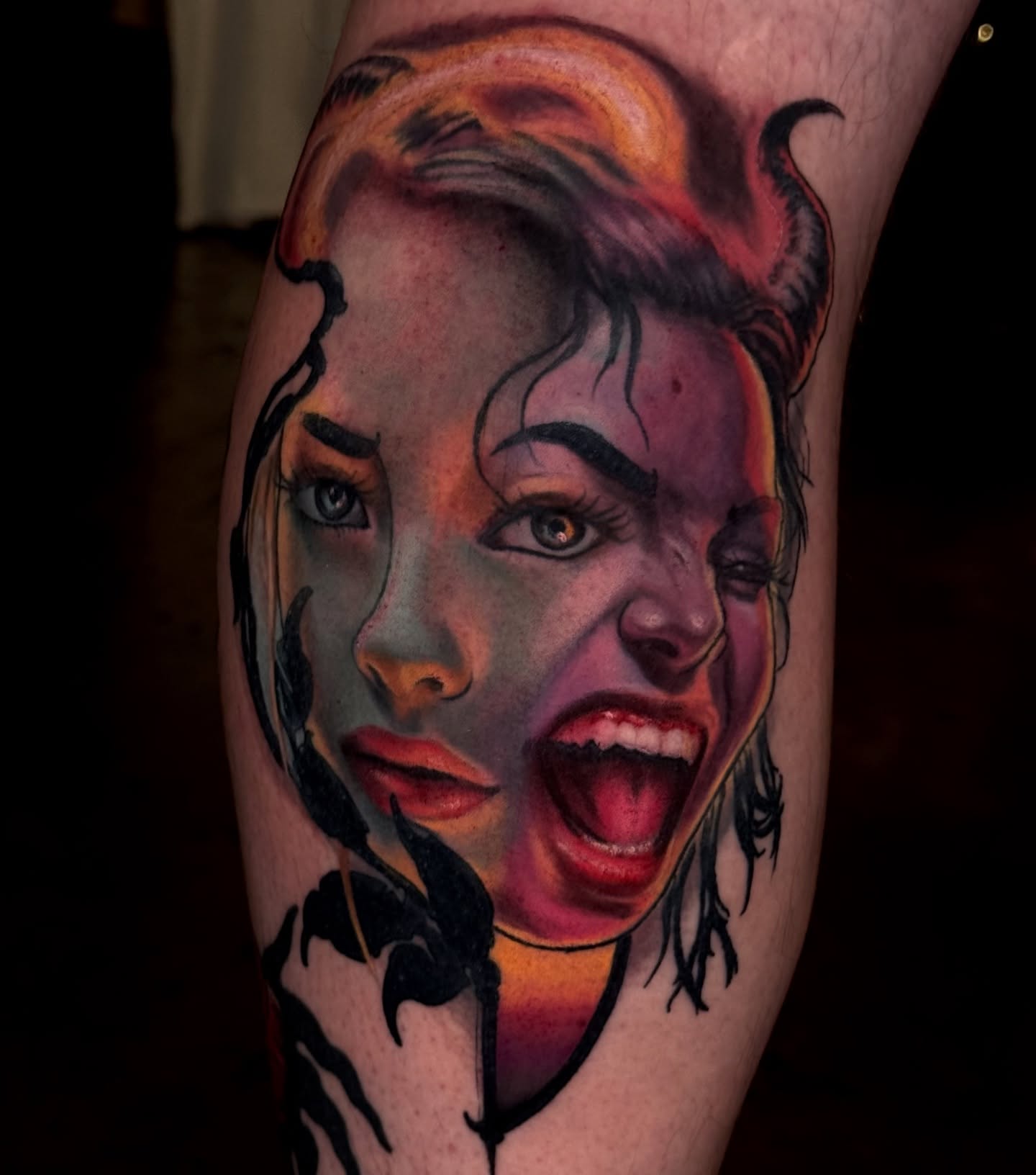 Woman's face realism tattoo on the forearm by Sideshow Danny