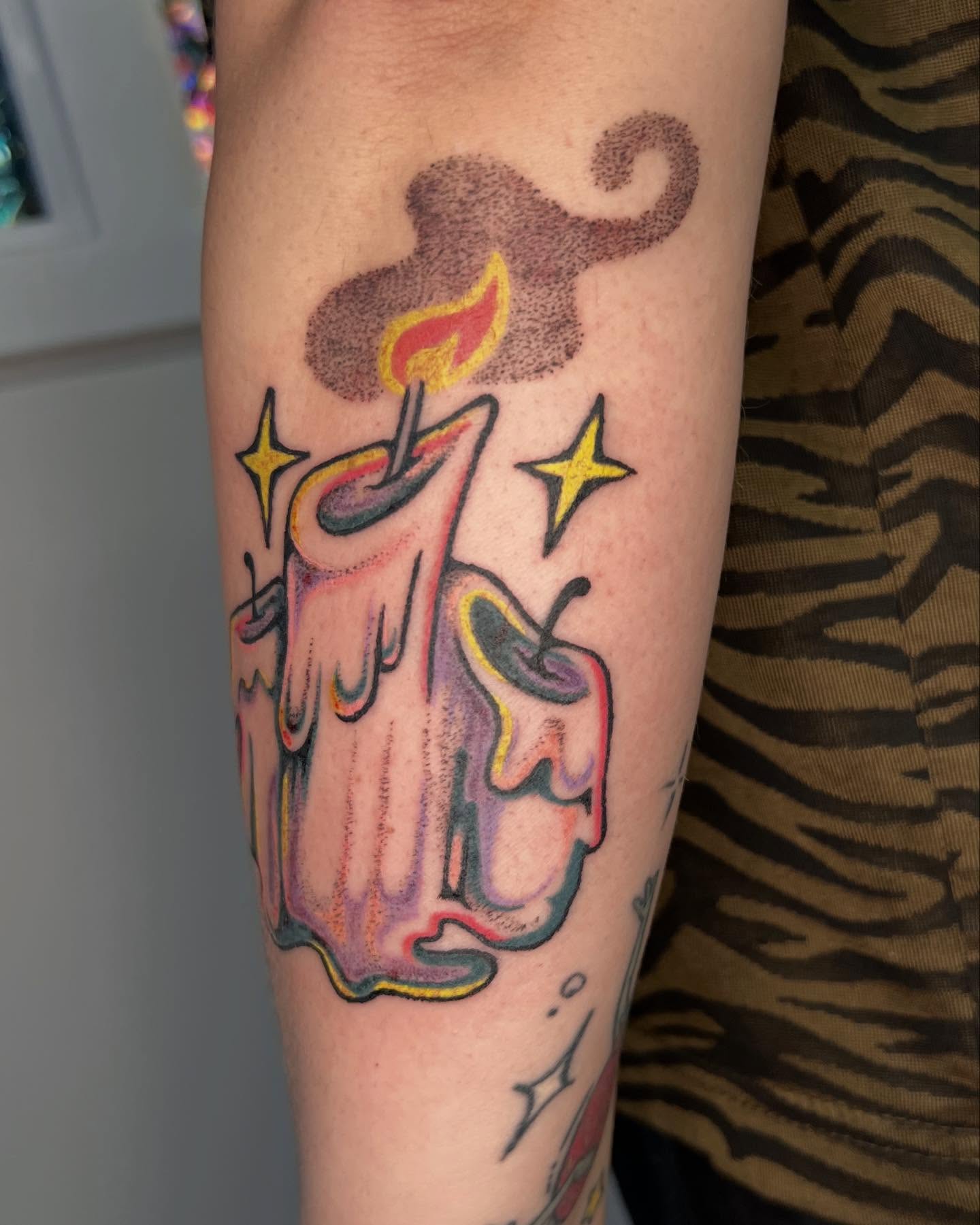 Candles dotwork tattoo on the forearm by rachel