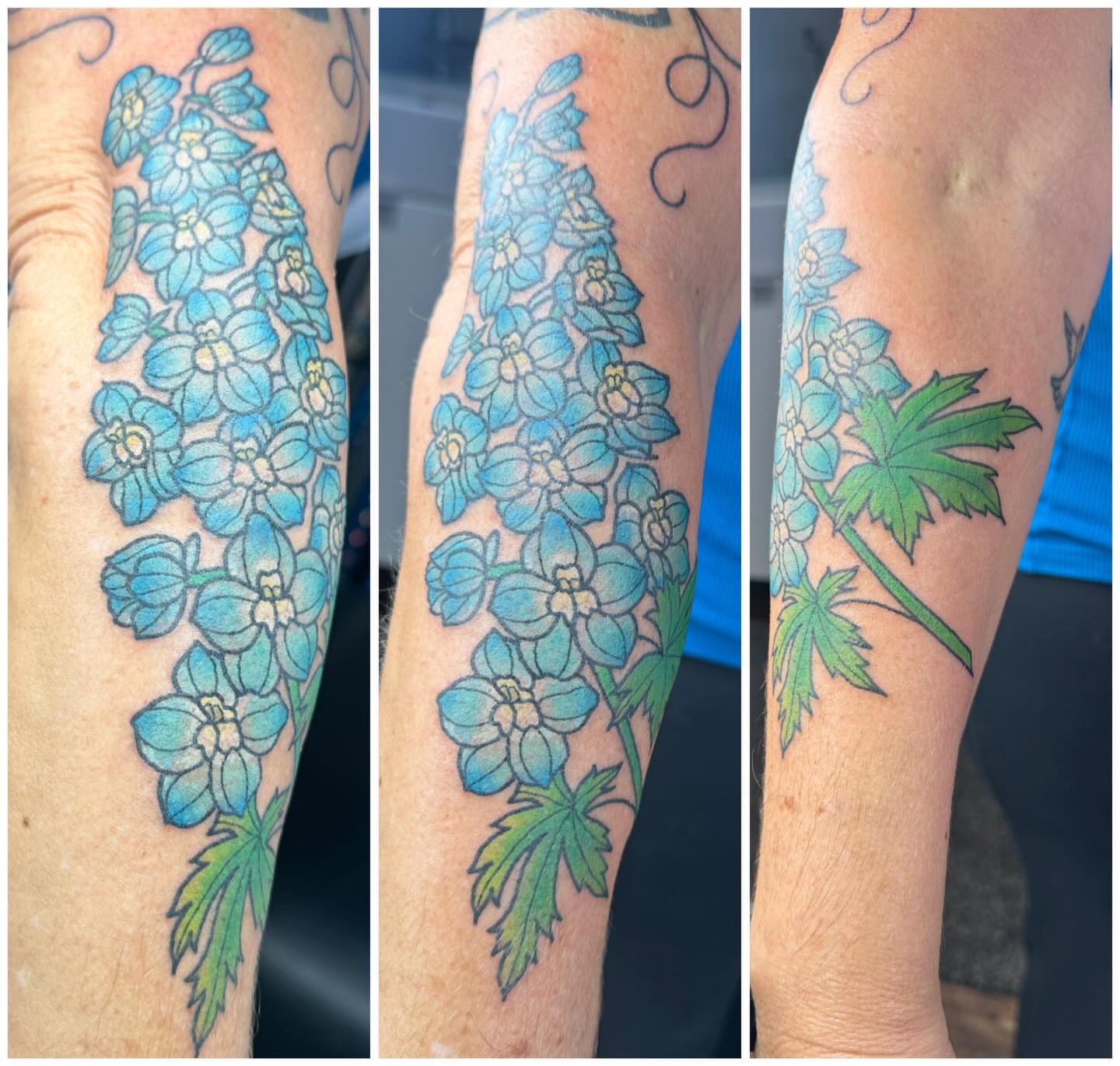 Blue delphinium flowers neo-traditional tattoo on the forearm by Andrea Lynne Hastings-Craven Tattoo Artist, Cleveland, Ohio