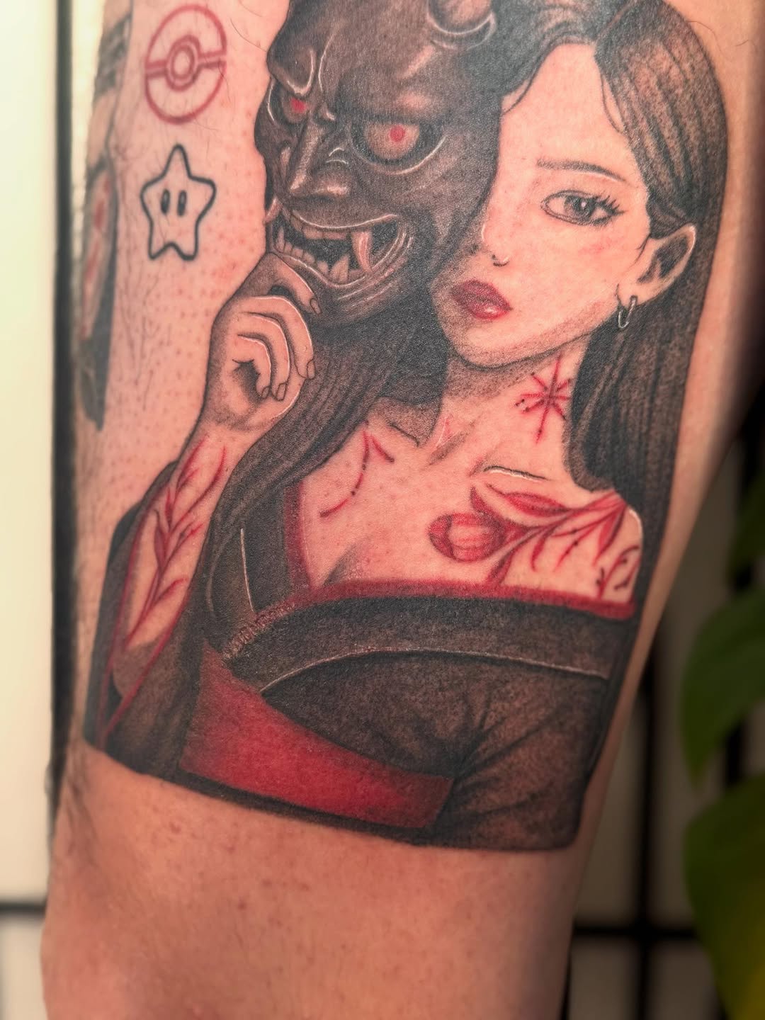 Tattoo by @divinithuy — anime, black_and_grey