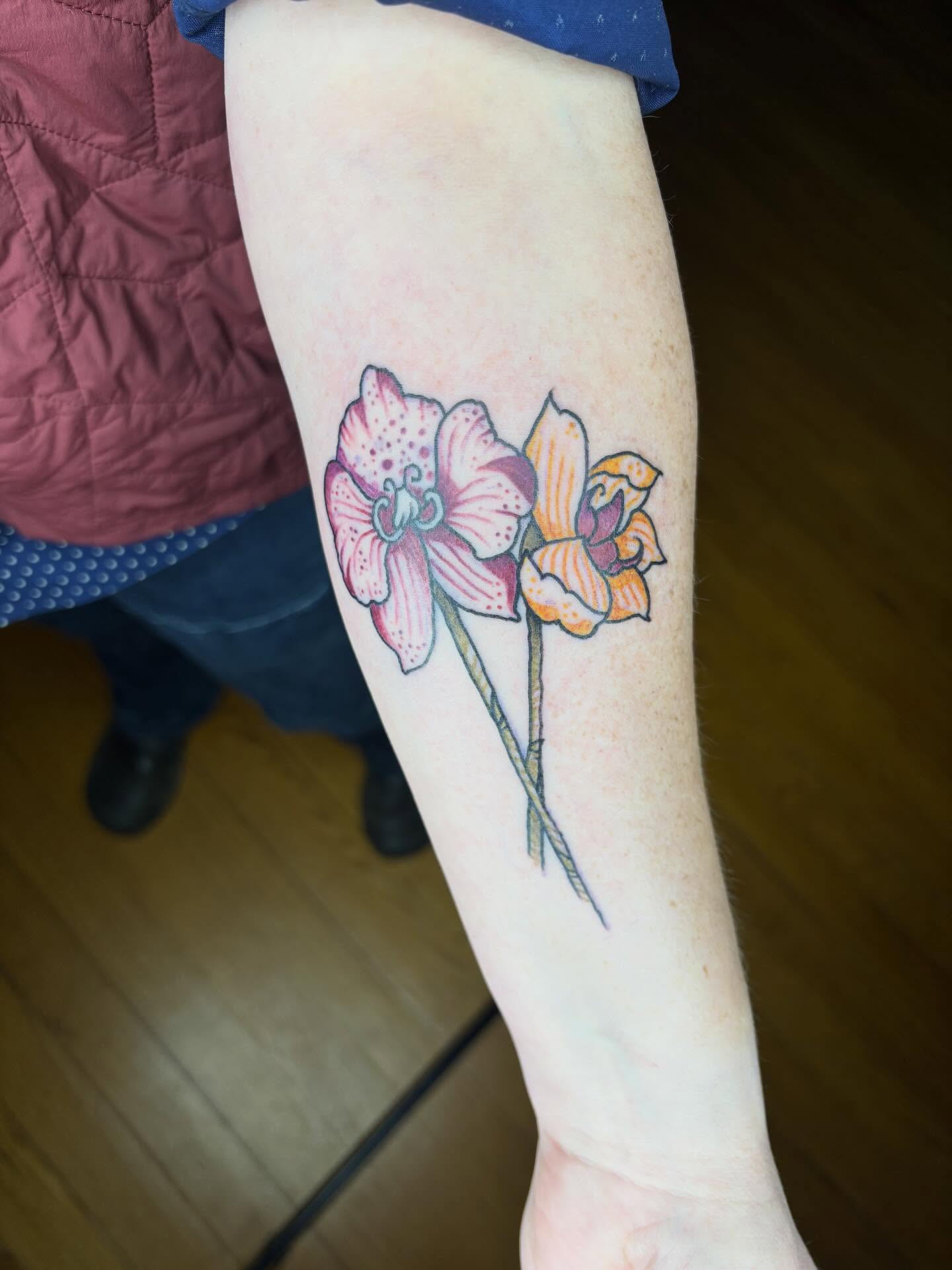 Orchid dotwork tattoo on the forearm by kris noble floyd