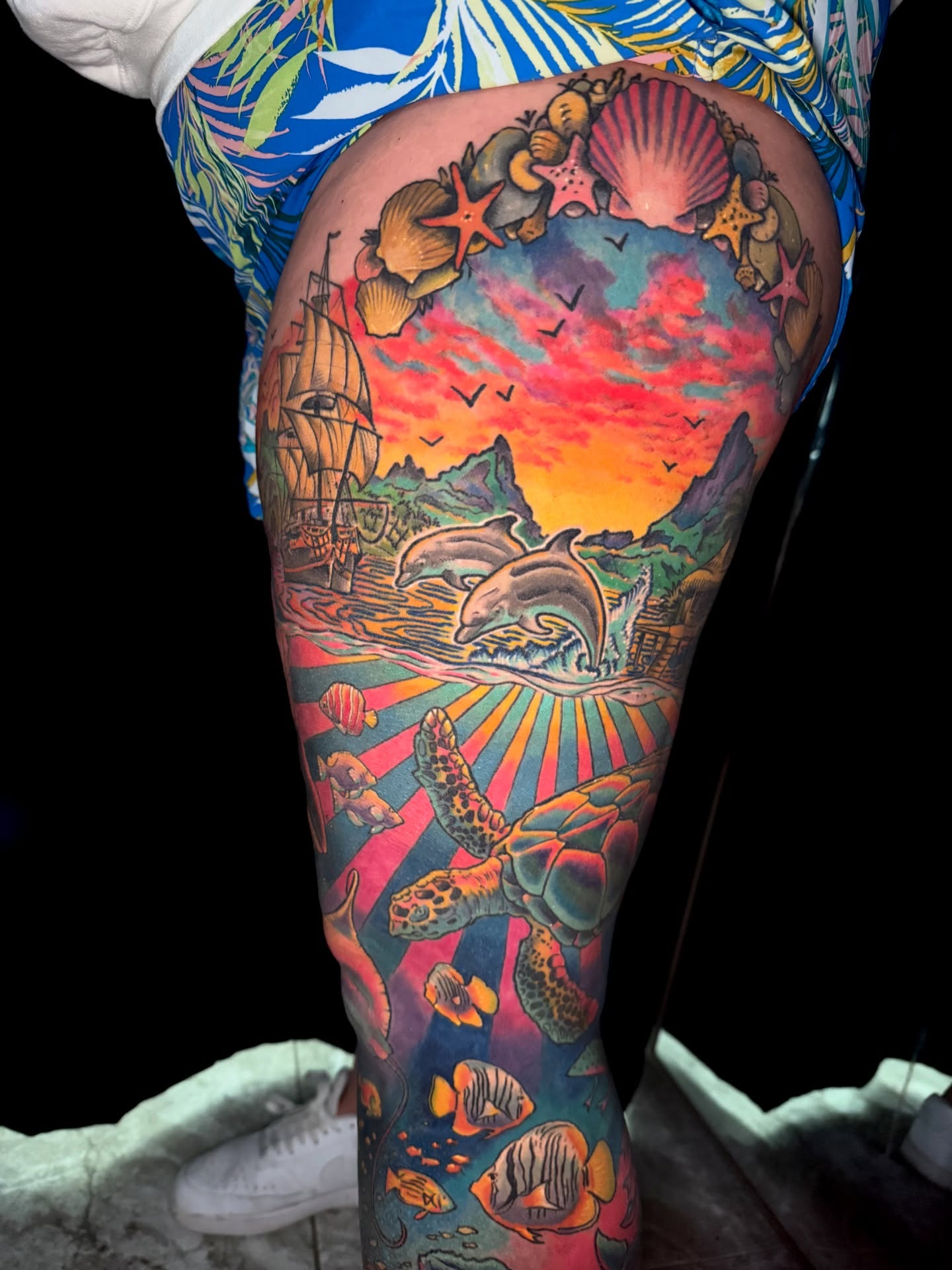 Underwater seascape new school tattoo on the thigh by Paul Endres Jr
