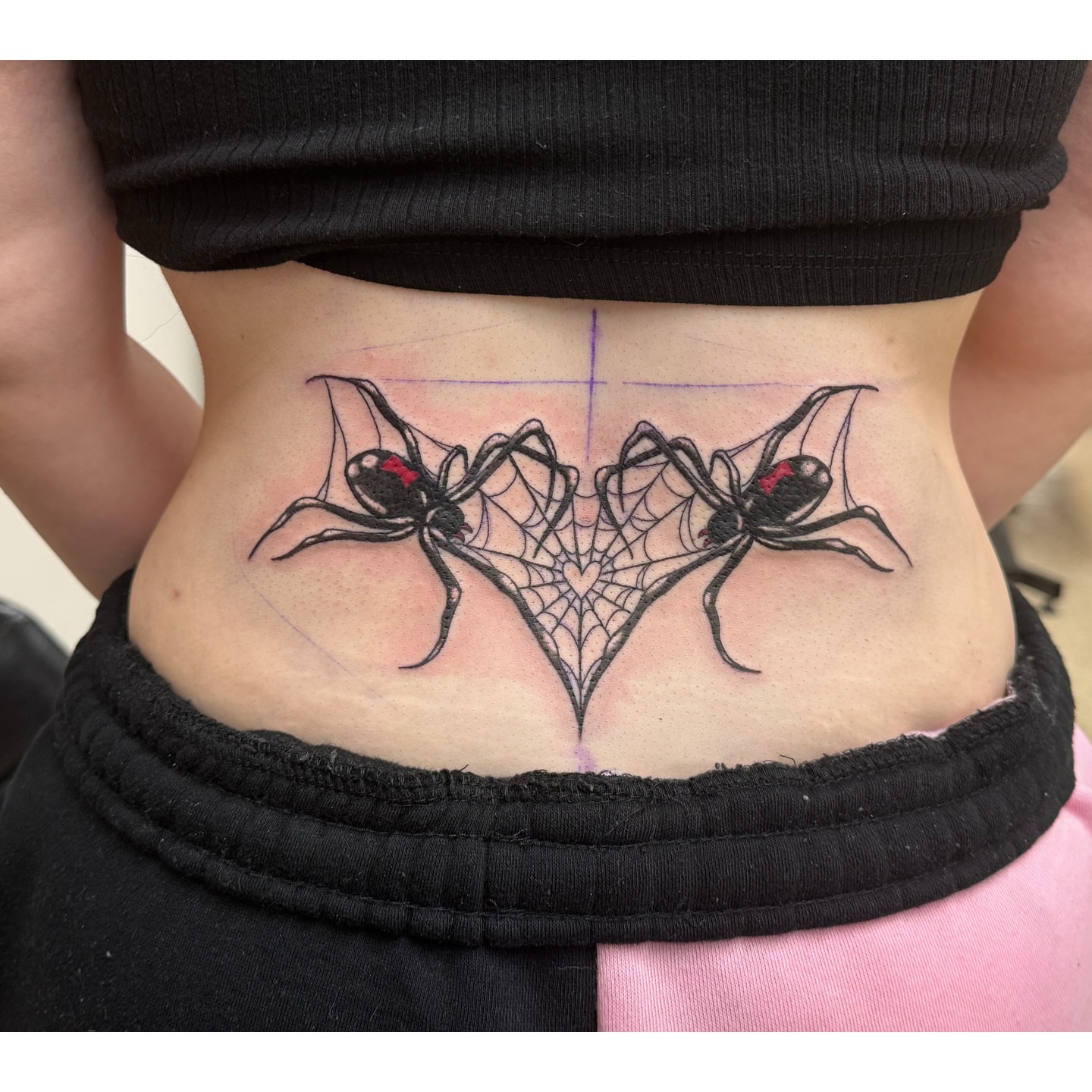 Spider and web blackwork tattoo on the torso by Eva, Matawan, New Jersey