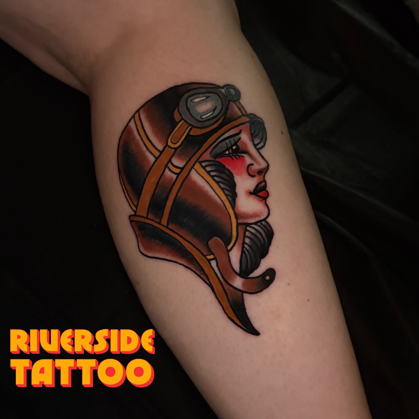 Aviator woman American traditional tattoo on the forearm by Stephen Shaw