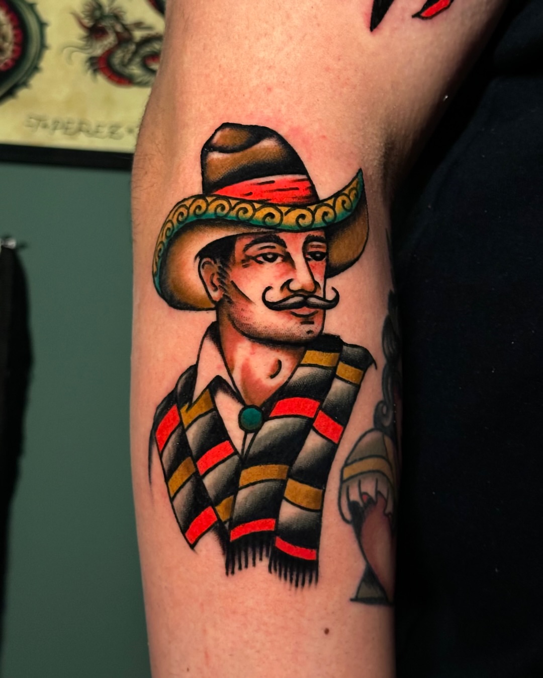 Mexican man American traditional tattoo on the forearm by Tony Perez- Austin Texas Tattooer