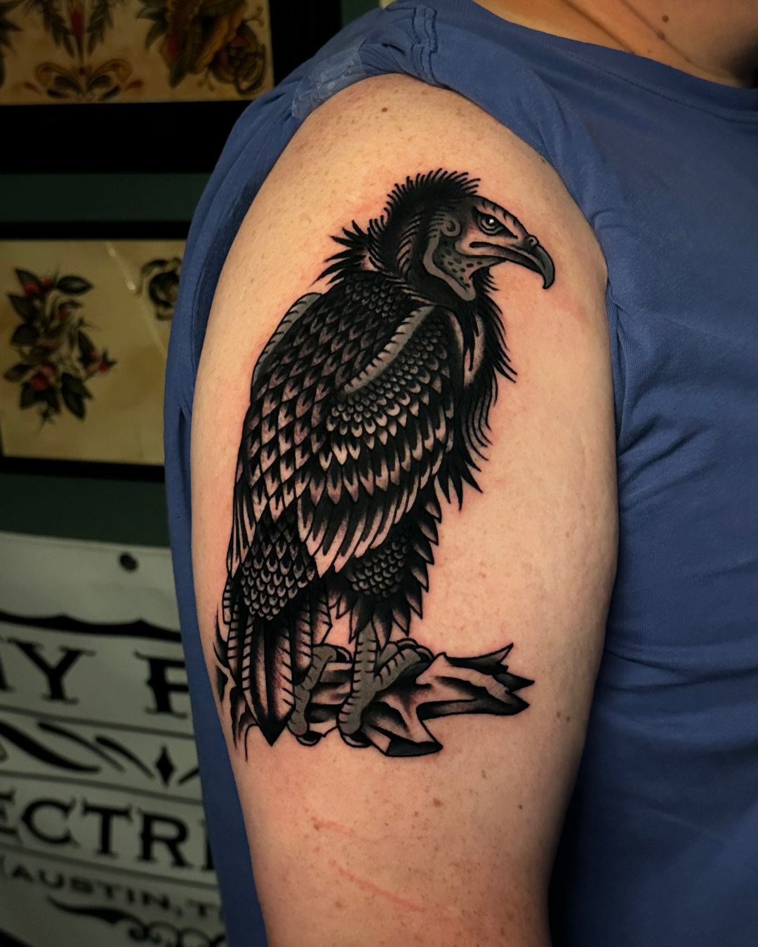 Vulture black and grey tattoo on the shoulder by Tony Perez- Austin Texas Tattooer