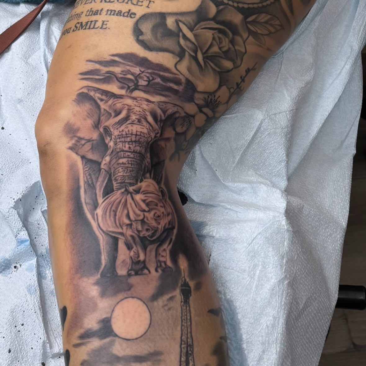 Elephant and rhino realism tattoo on the forearm by Lu Ve, Dayton, Ohio