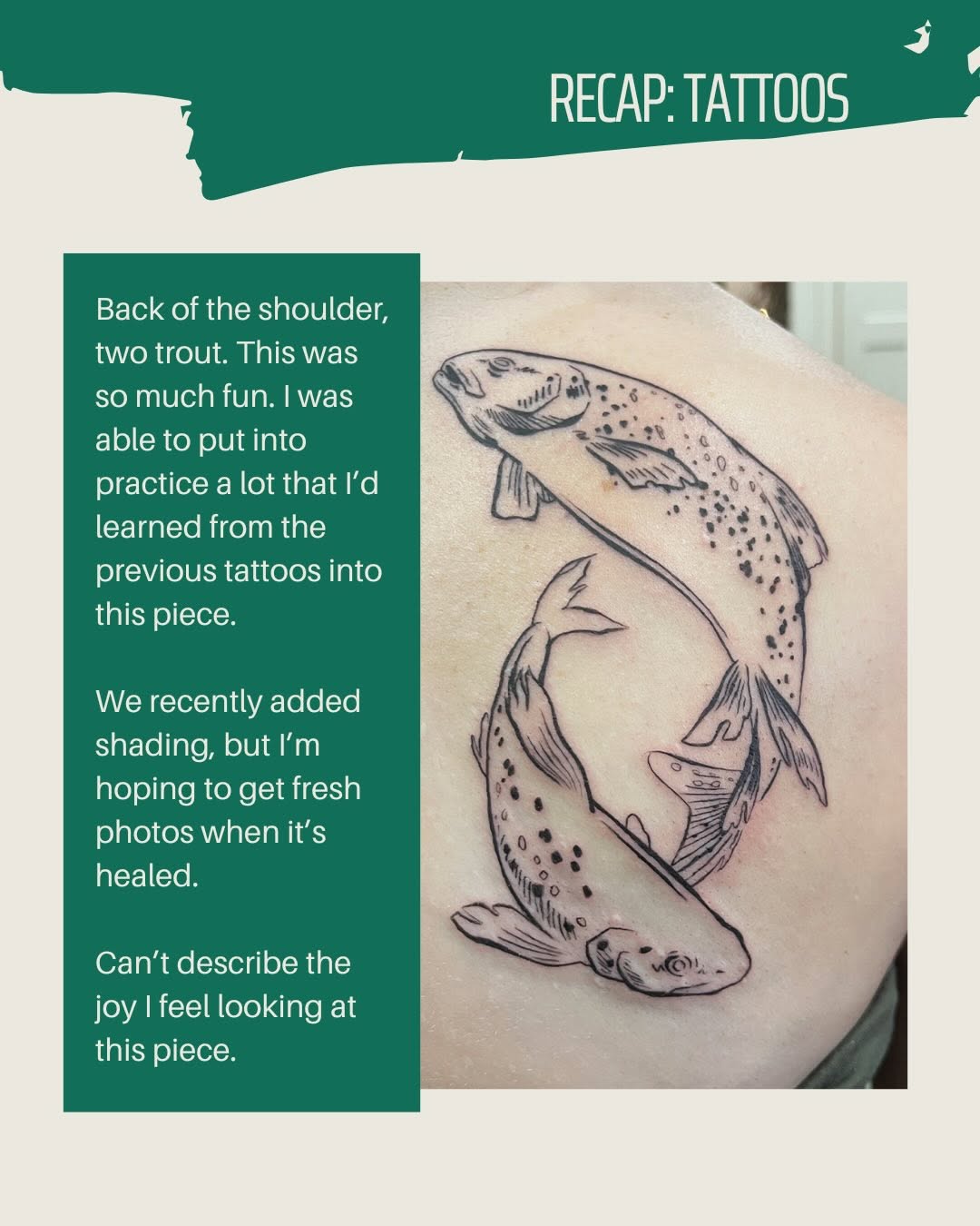 Two trout tattoo on the shoulder by Brooke Elayne