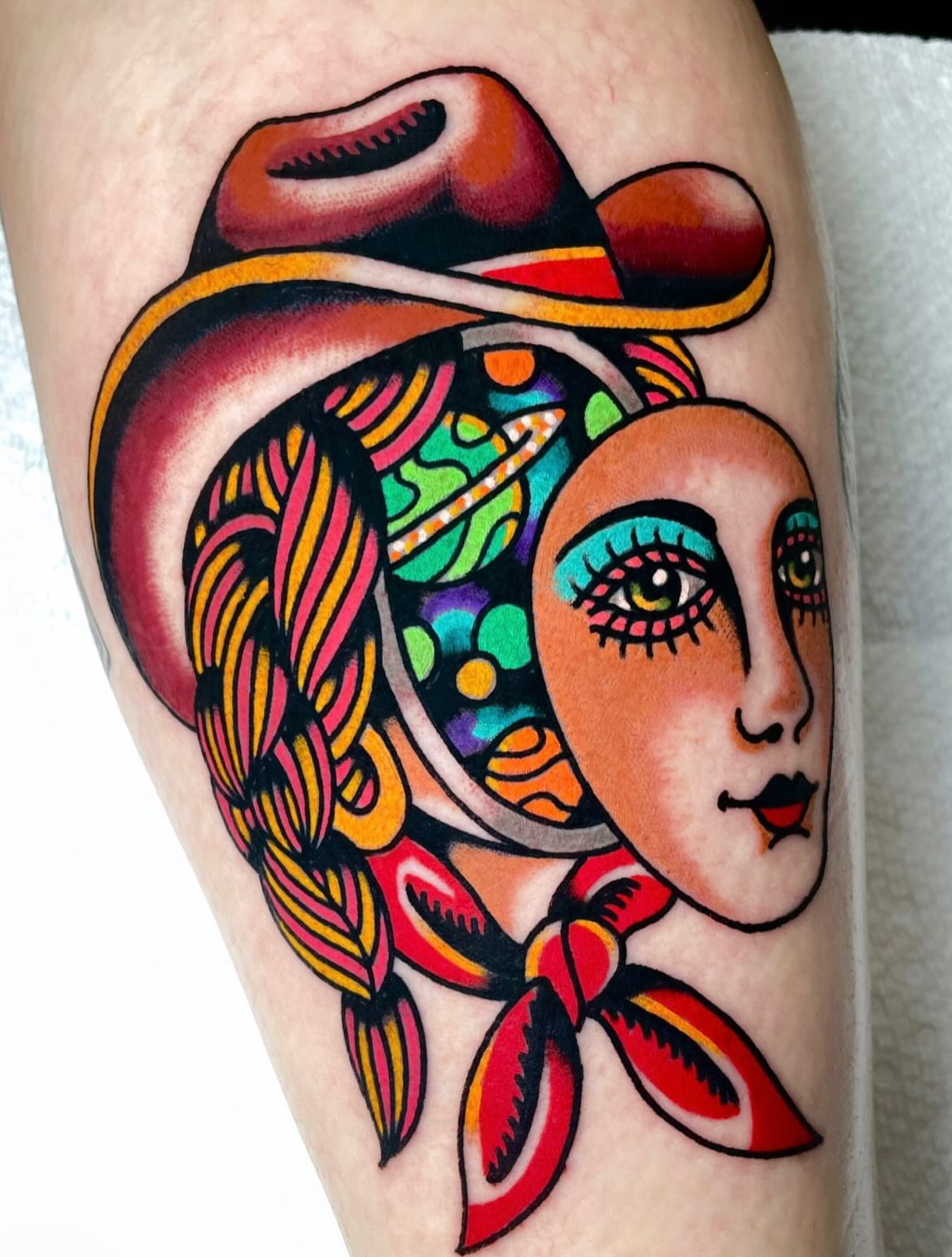 Woman wearing sombrero American traditional tattoo on the thigh by Ryan McDonald