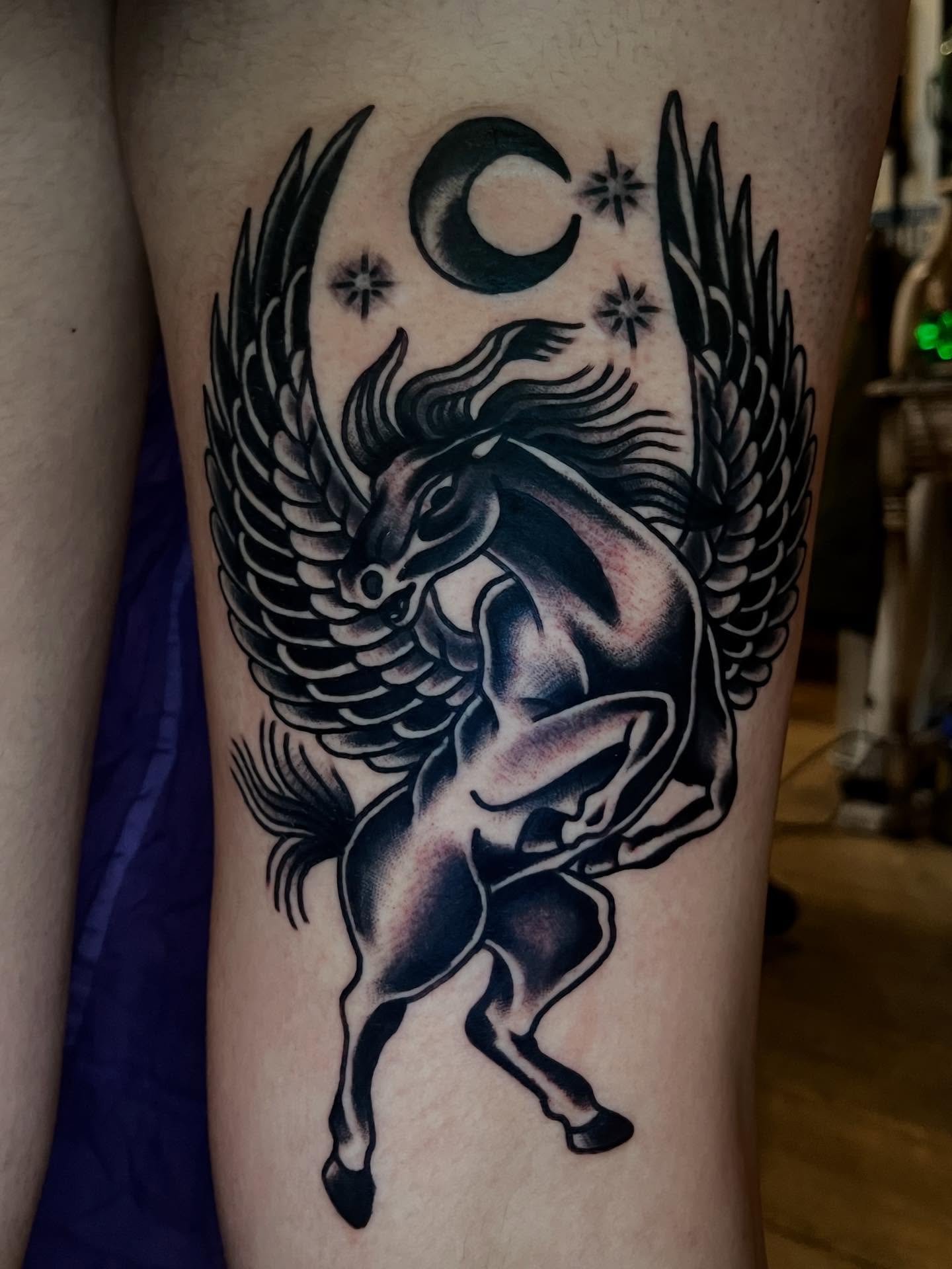 Pegasus American traditional tattoo on the forearm by Eli Bernal