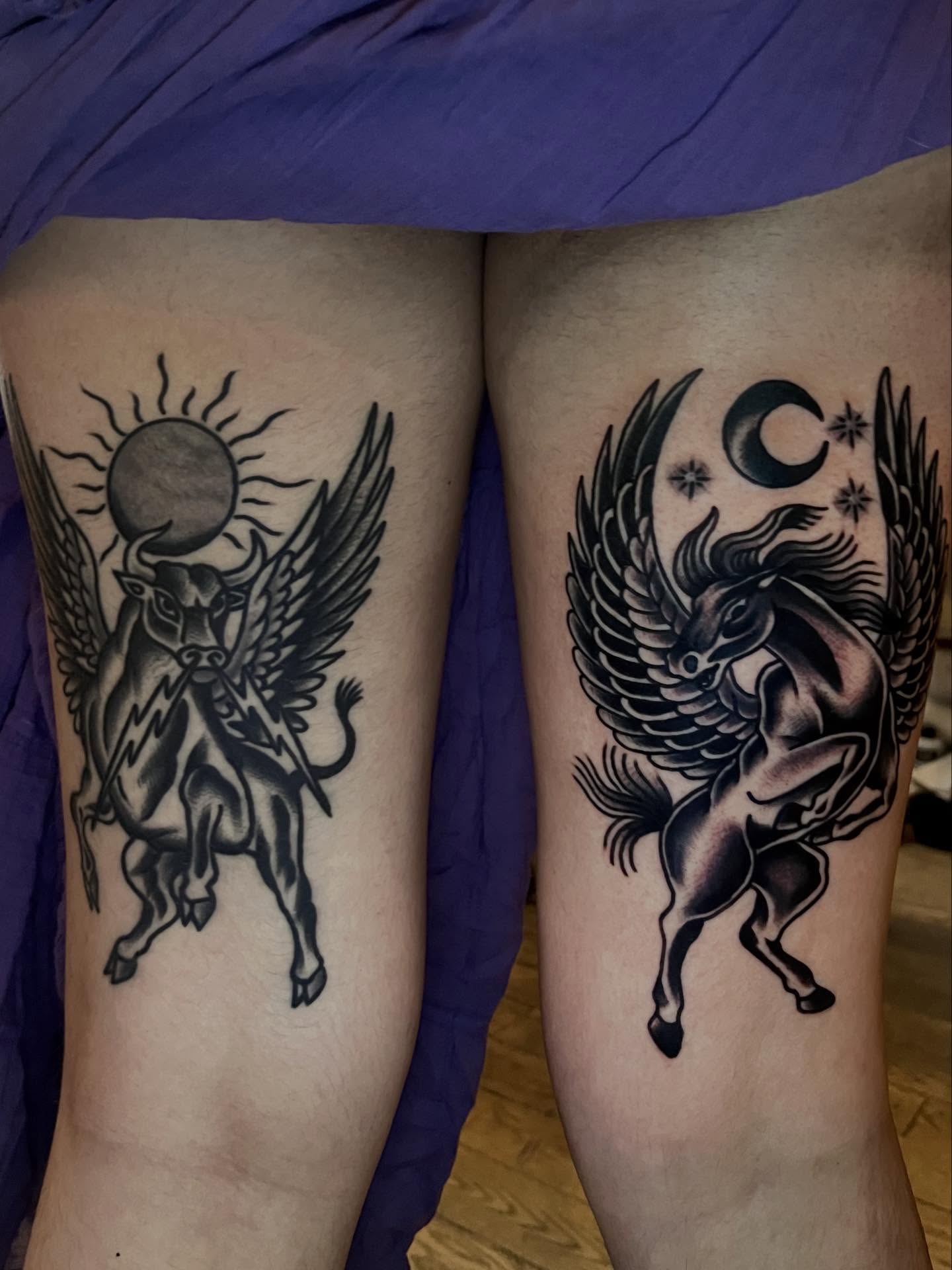 Mythical creatures black and grey tattoo on the thigh by Eli Bernal