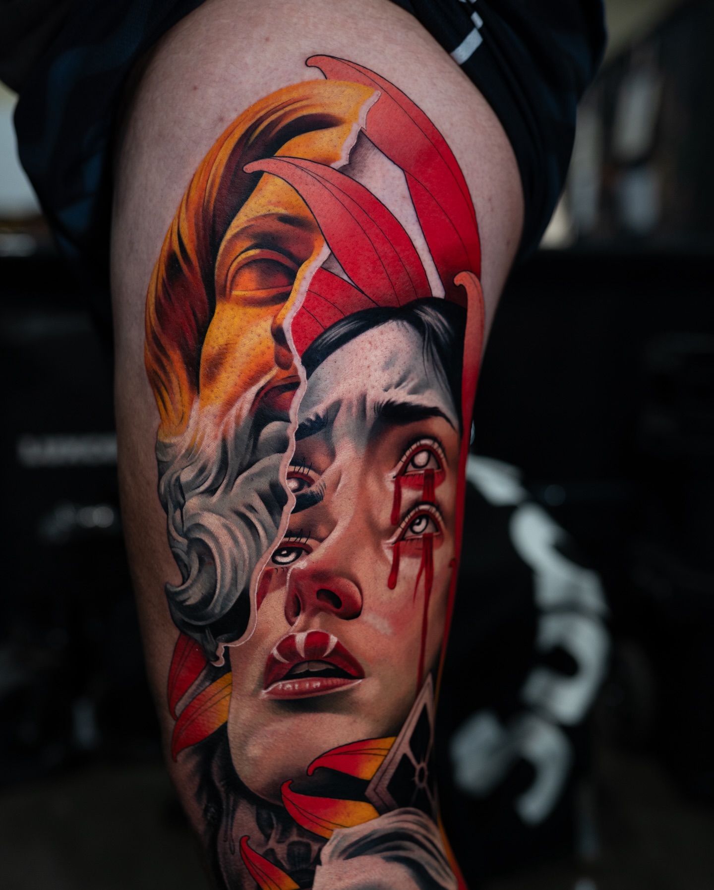 Woman's face realism tattoo on the thigh by Tattoo Artist