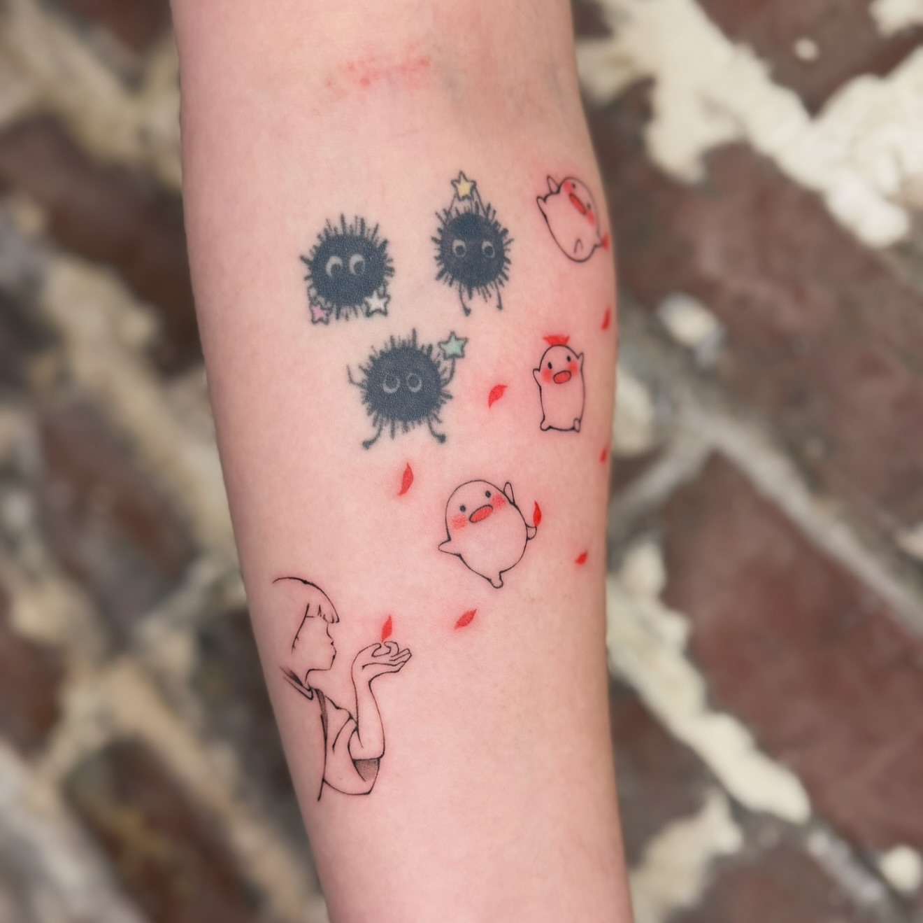Child with floating creatures dotwork tattoo on the forearm by justin