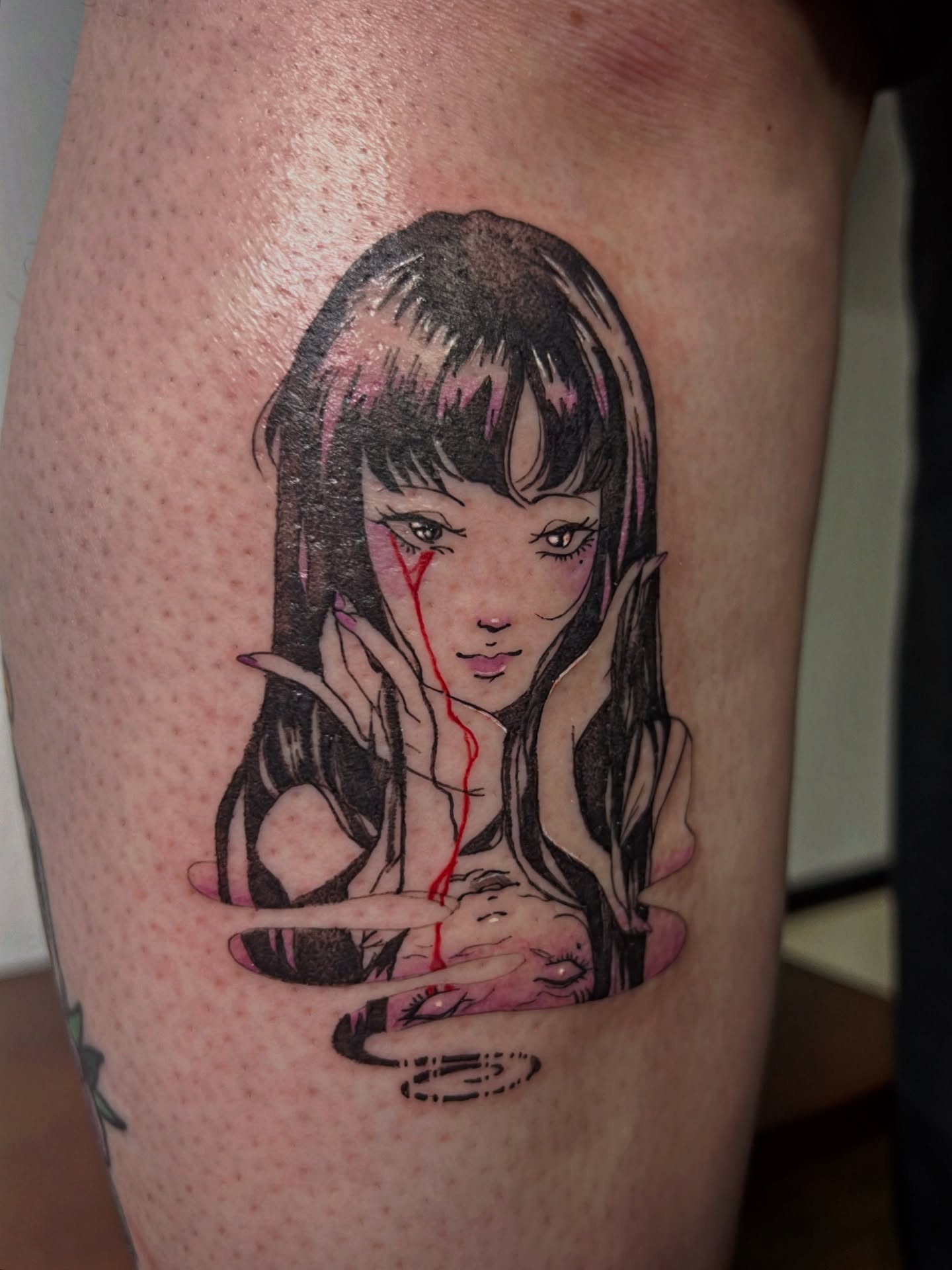 Anime girl anime tattoo on the thigh by Jynx