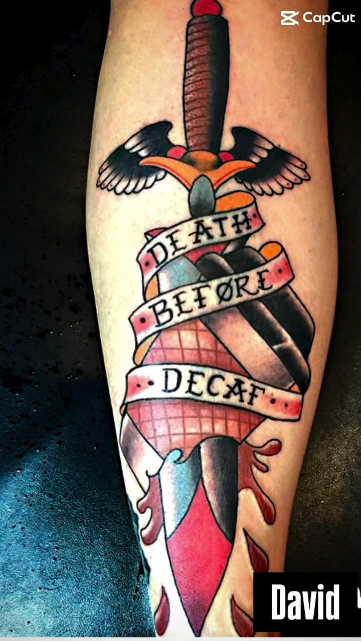 Sword with banner and blood American traditional tattoo on the forearm by Davidsteeletattoos, Dallas, Texas