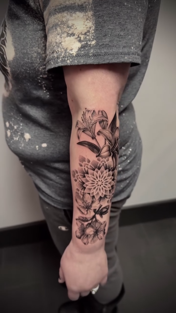 Floral arrangement realism tattoo by Tattoos by Katherina, Willoughby, Ohio