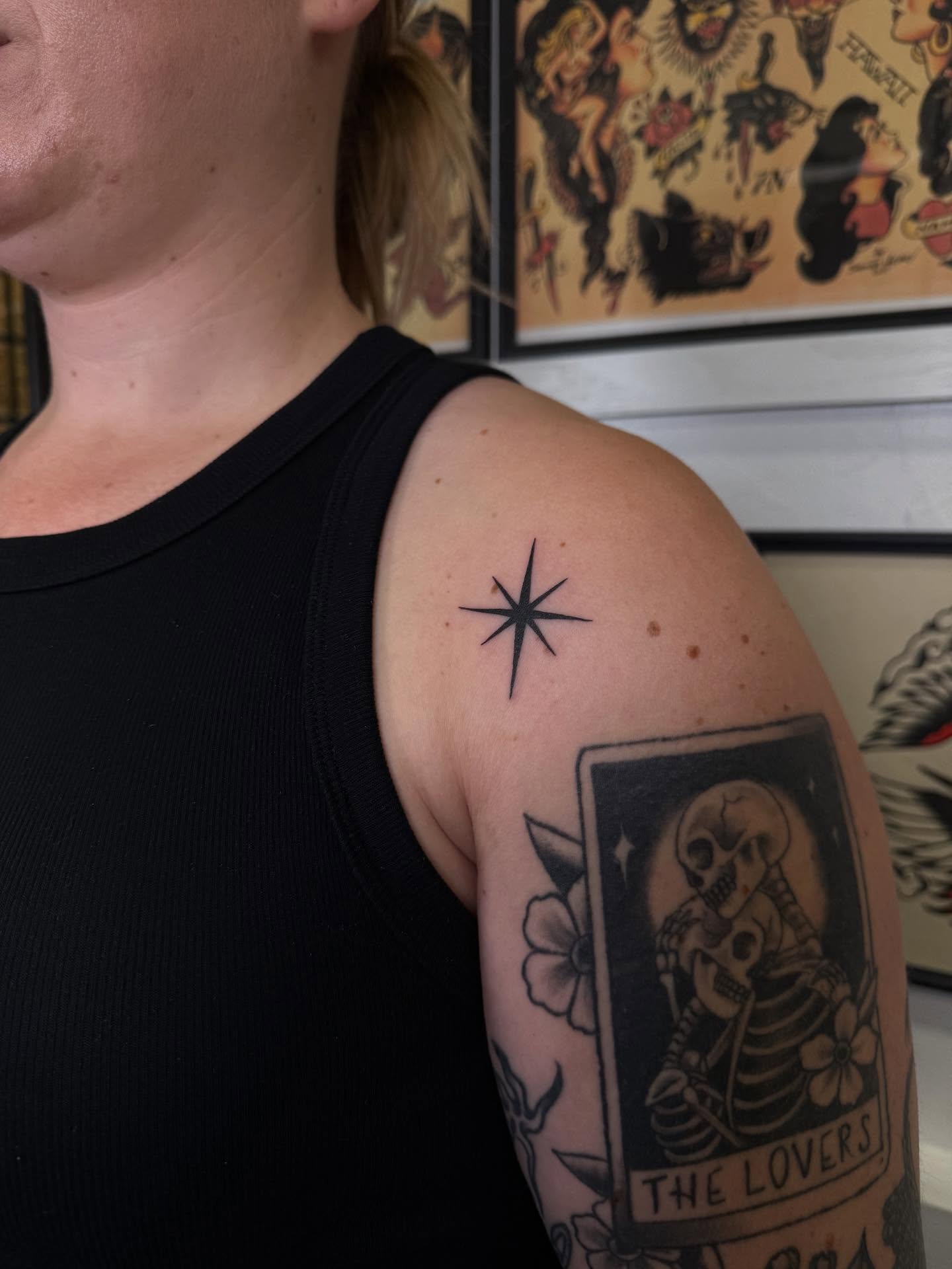 The lovers tarot card American traditional tattoo on the shoulder by Erin Shea