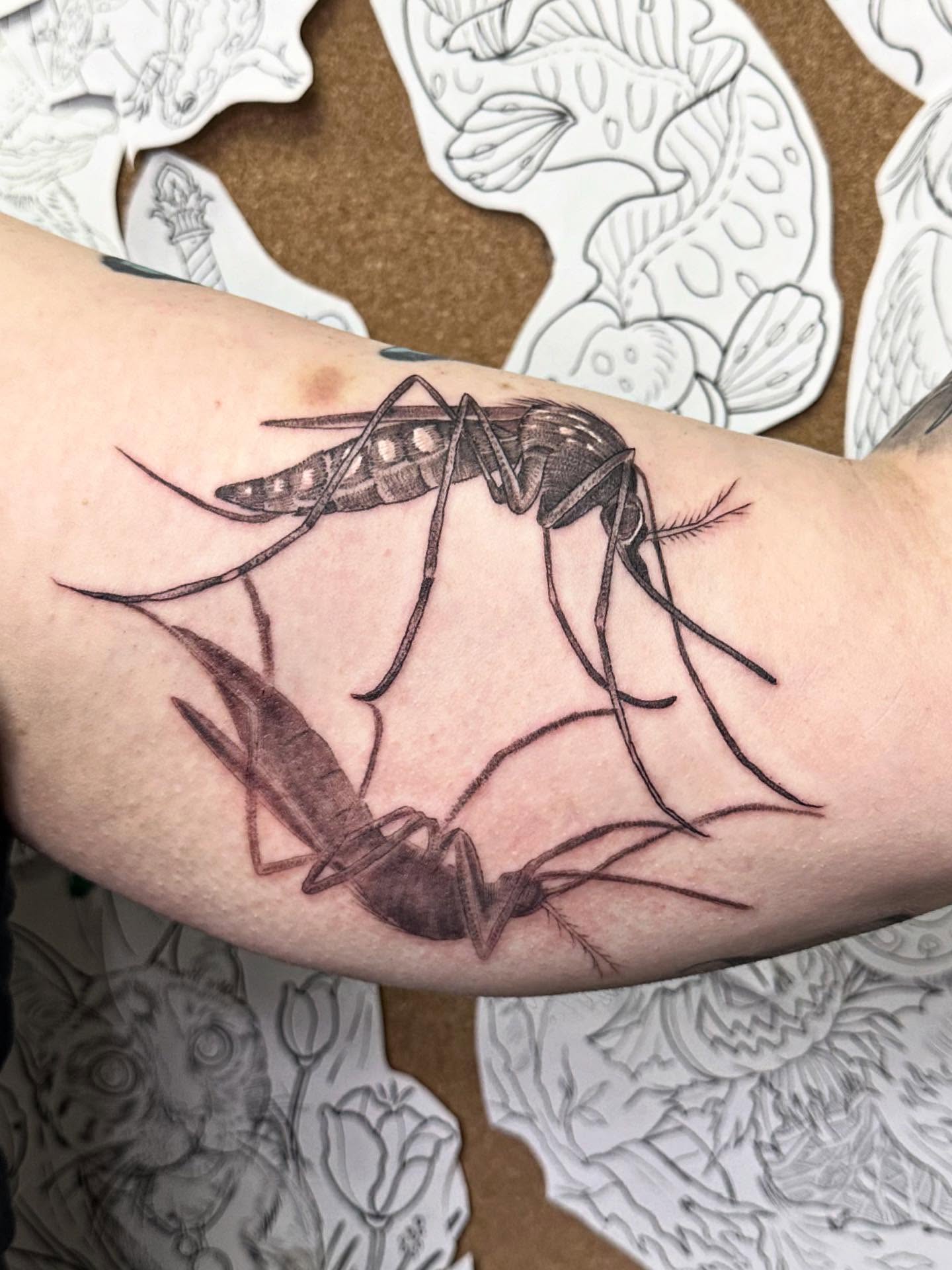 Mosquitoes realism tattoo on the forearm by Heather Tattoos Danvers MA