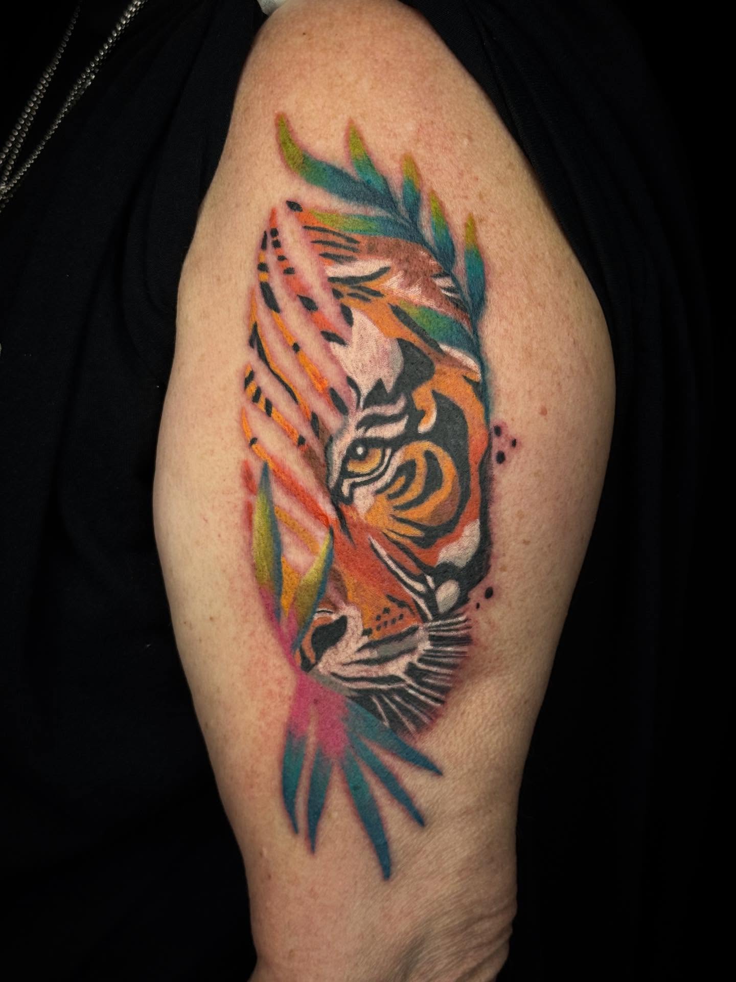 Tiger watercolor tattoo on the shoulder by Ashley Hsiung *Panda*