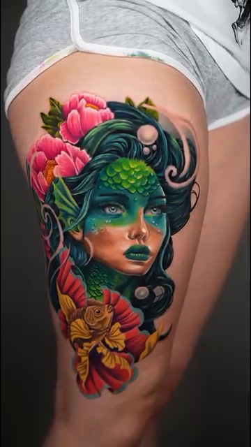 Medusa portrait with flowers neo-traditional tattoo by Drex - Dallas Tattoo Artist