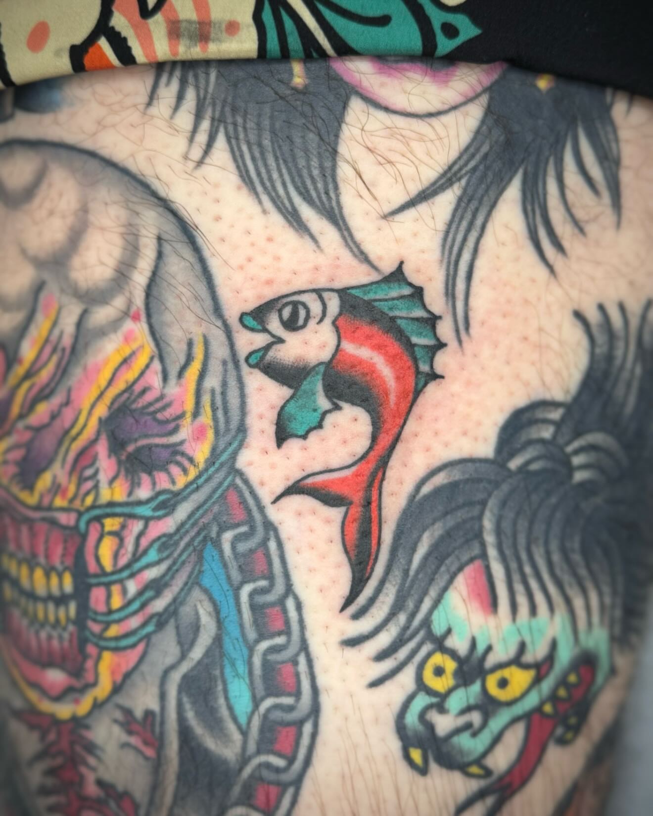 Skull and dragon American traditional tattoo on the thigh by kalli berry