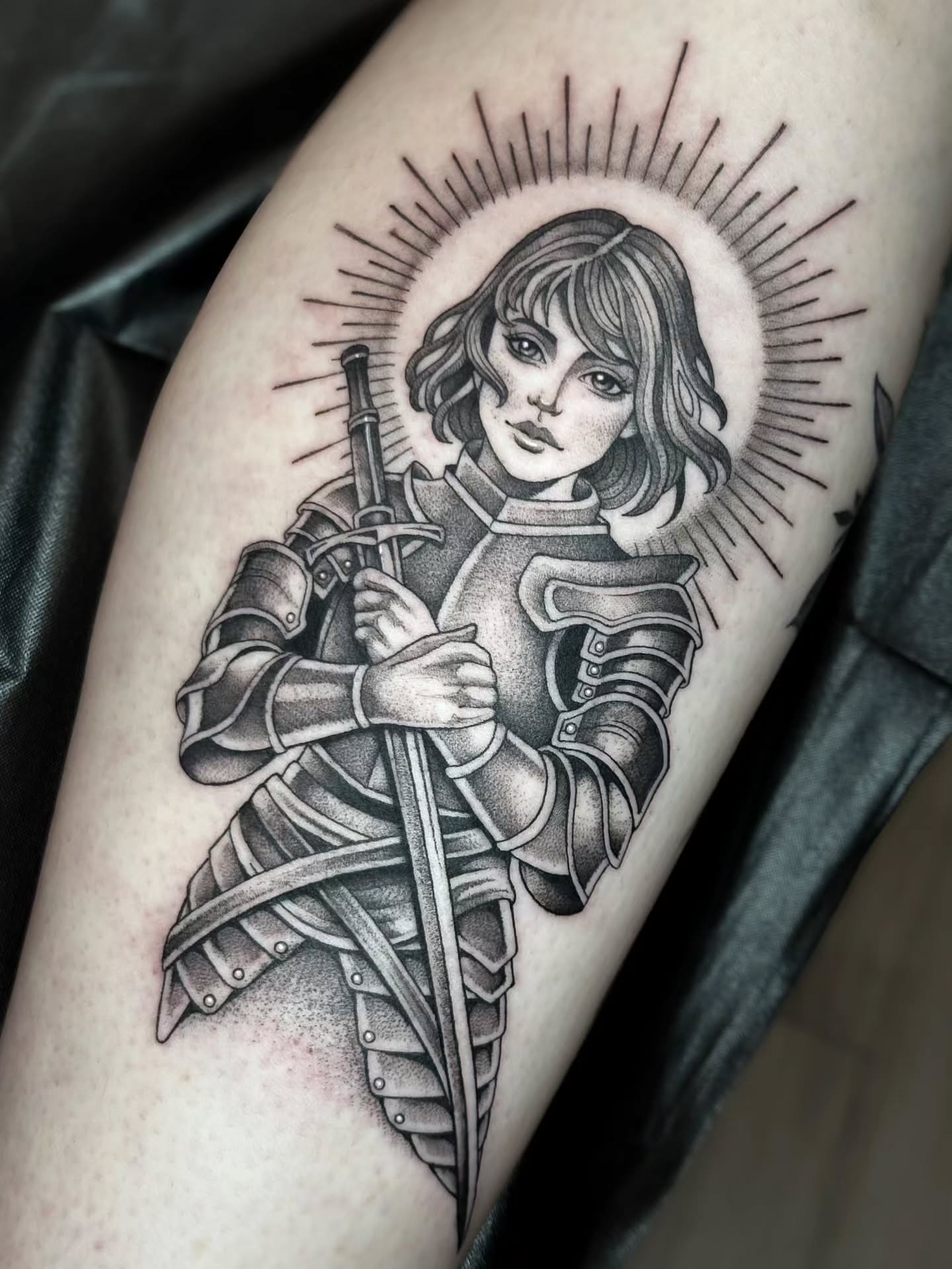 Female knight realism tattoo on the forearm by Kelsi Steffensen