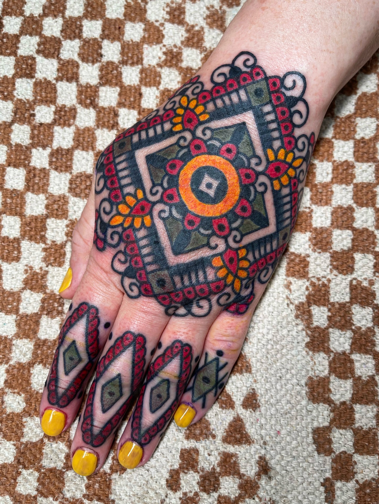 Geometric mandala geometric tattoo on the hand by Swasthik Iyengar, New York, New York