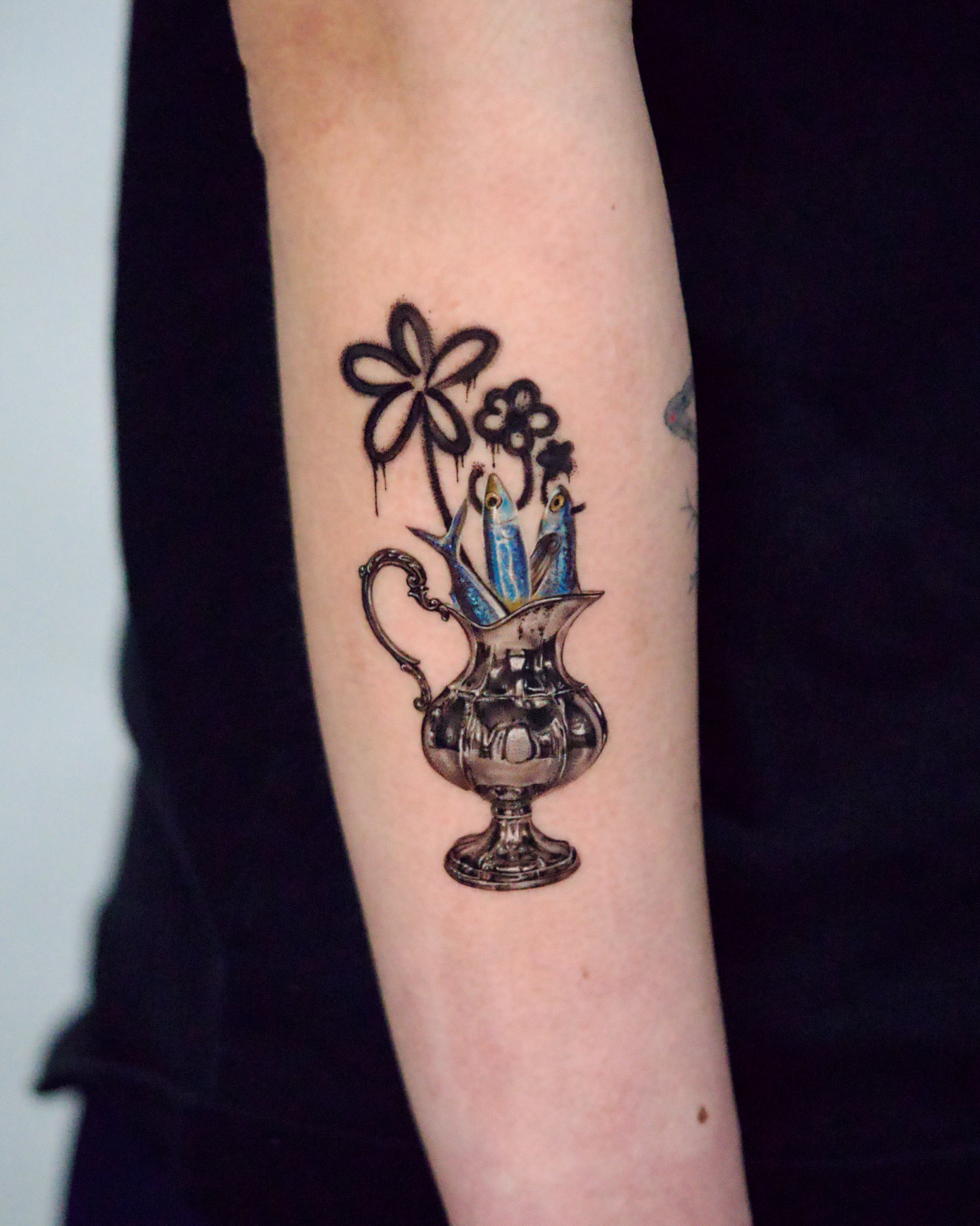 Pitcher with crystals new school tattoo on the forearm by Yeye