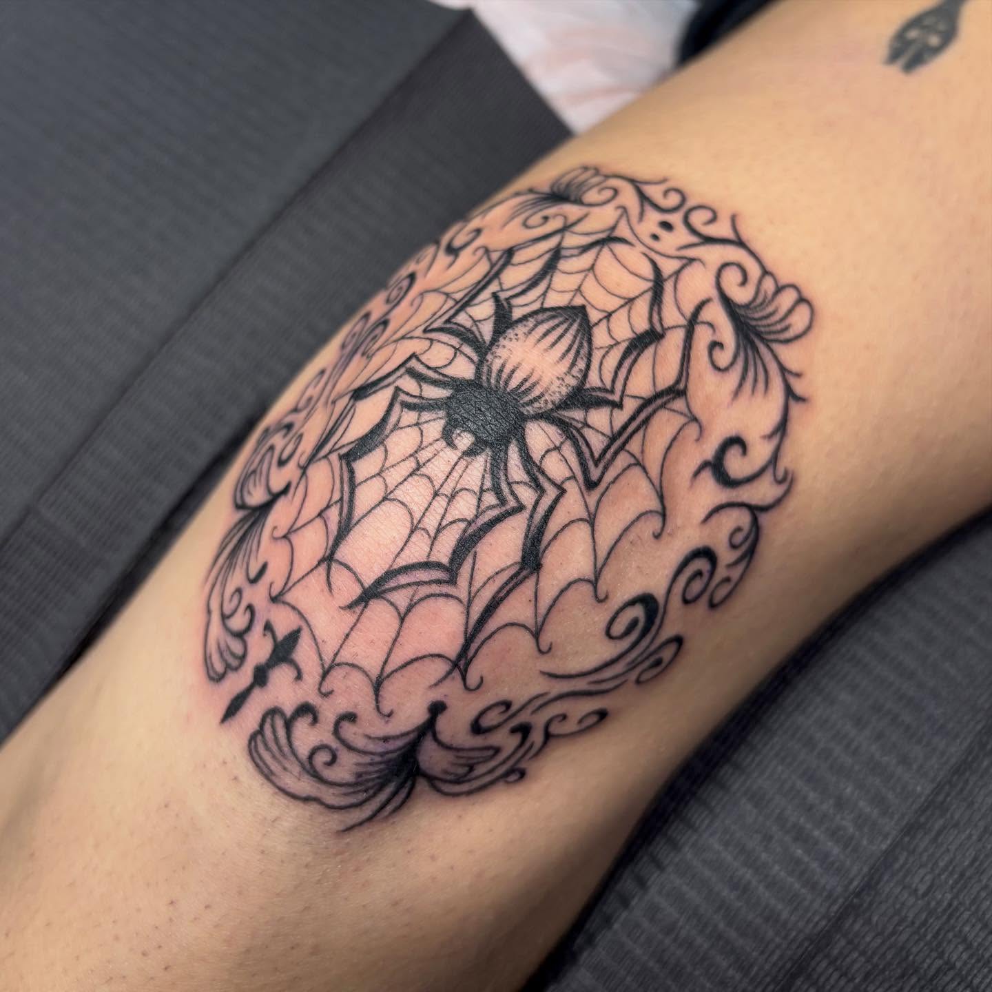 Spider web black and grey tattoo on the forearm by ꩜ 𖦹