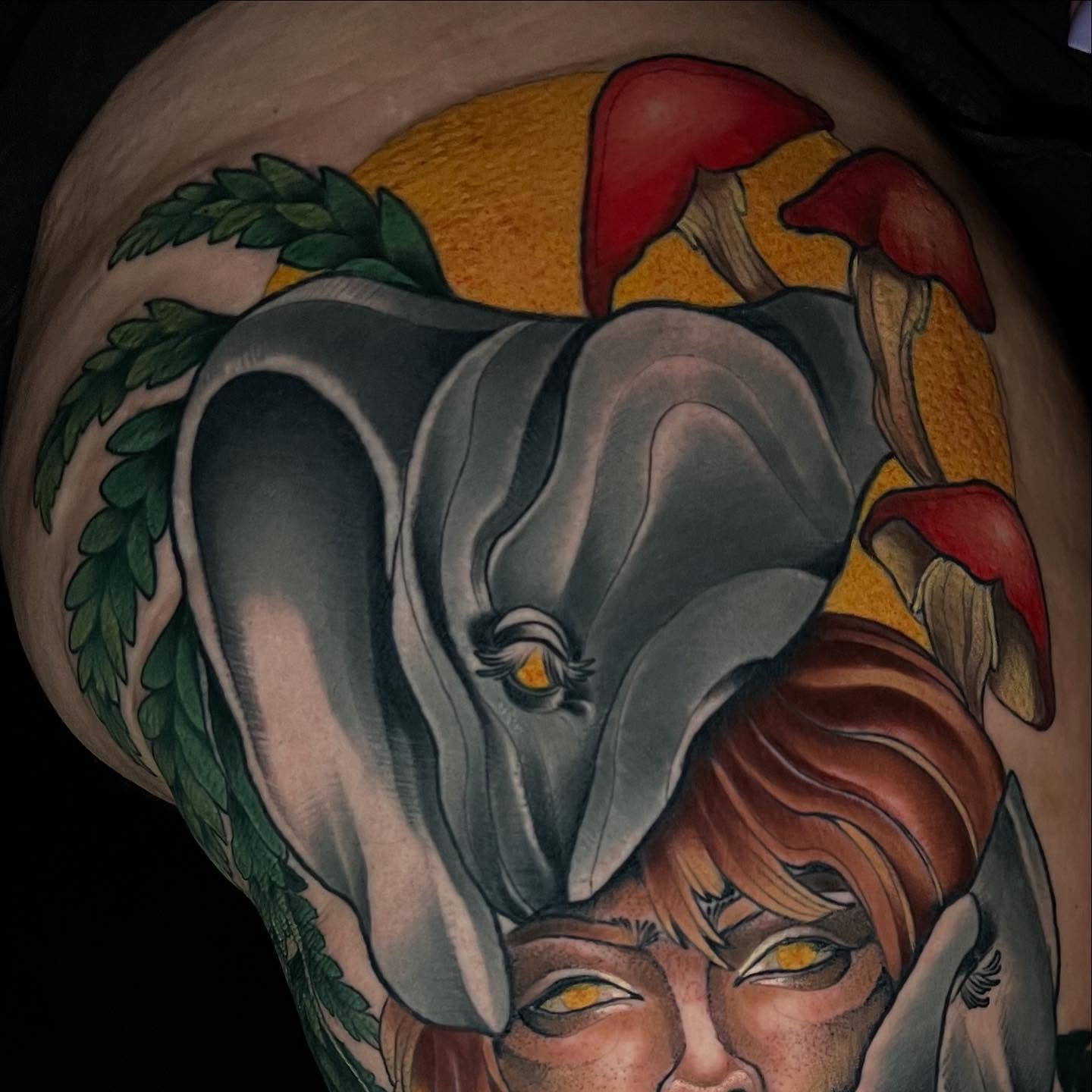 Ram head and woman American traditional tattoo on the thigh by 🕯Heather🕯