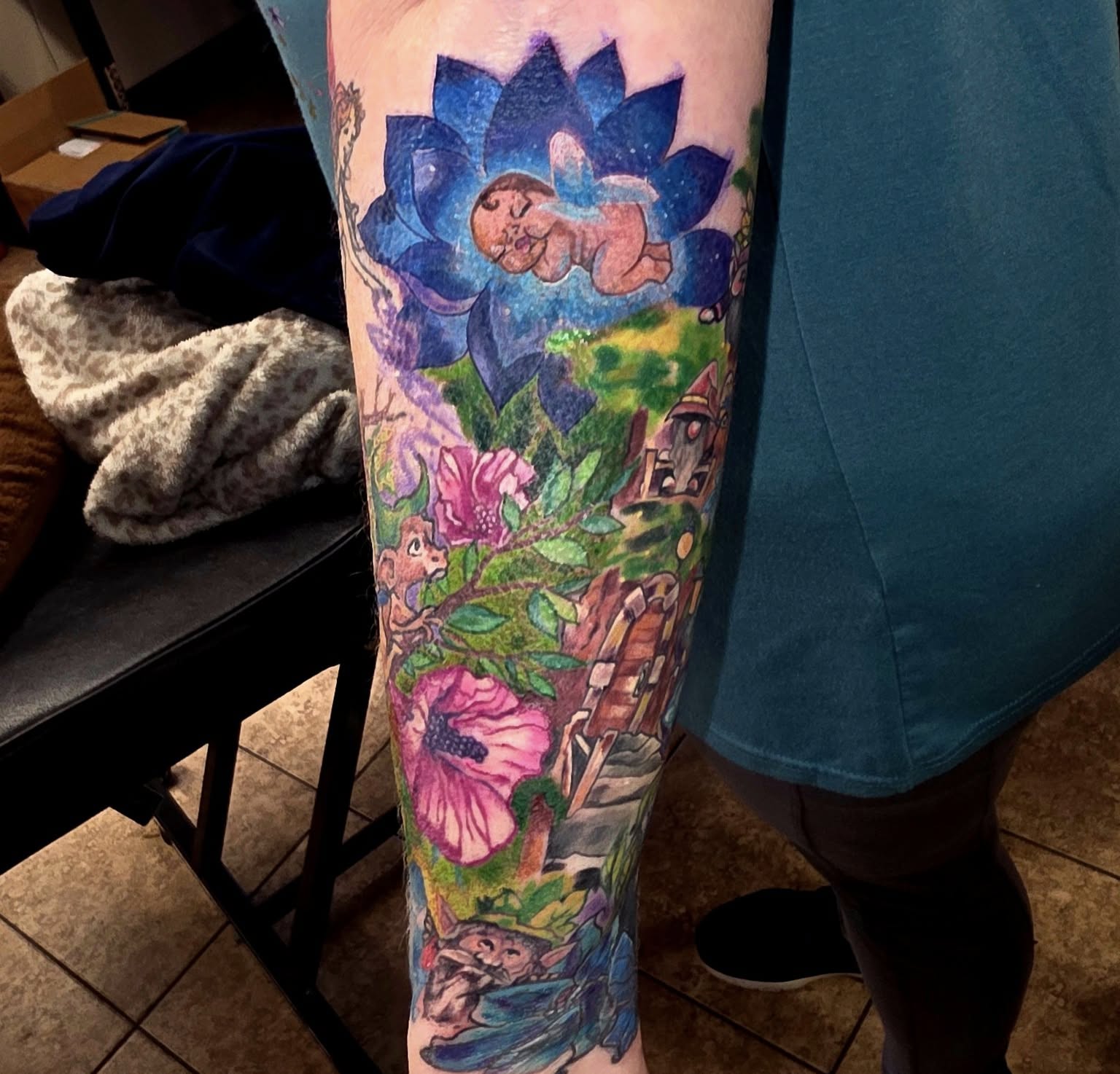 Fairy and garden new school tattoo on the leg by Jessica DarkRabbit