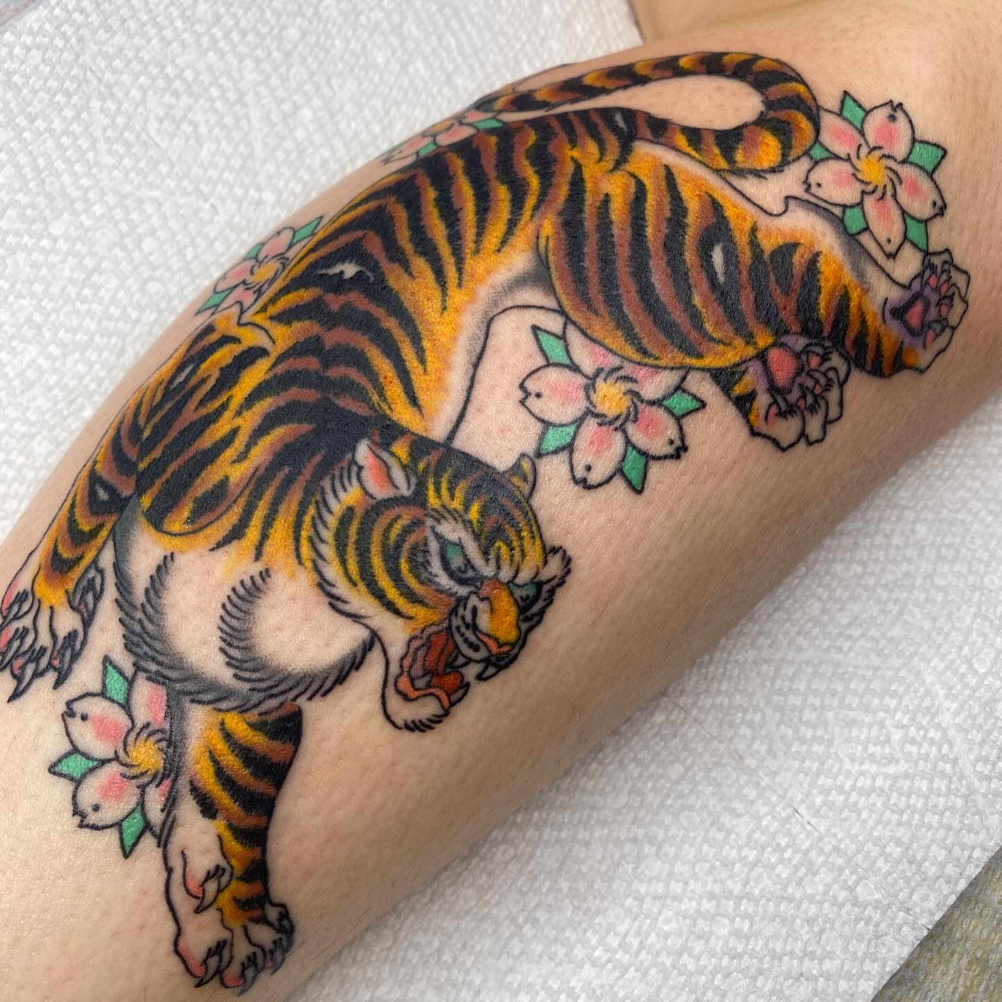 Tiger and flowers American traditional tattoo on the forearm by Thomas Cook