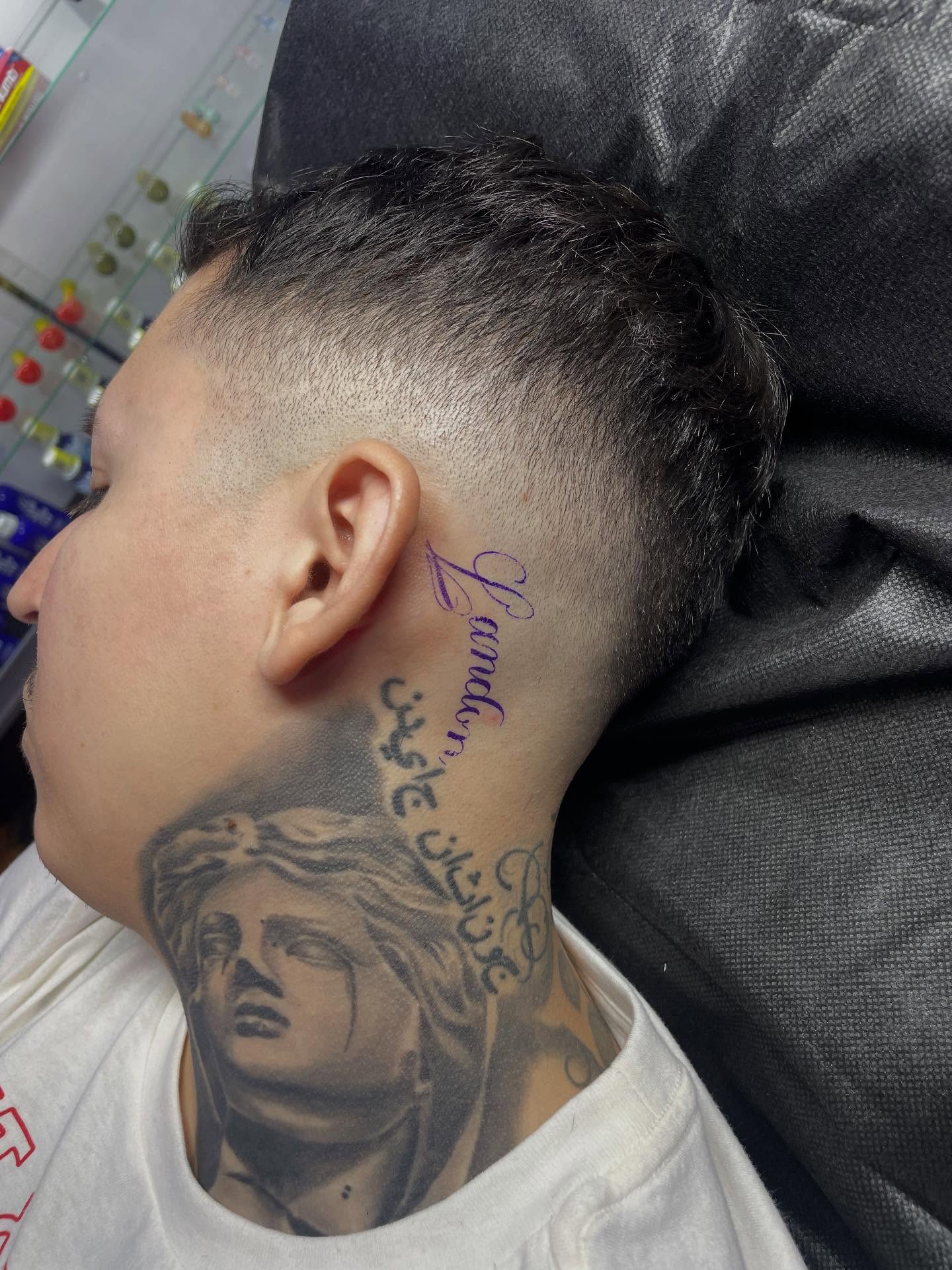 Portrait realism tattoo on the neck by 😈headhuncho😈