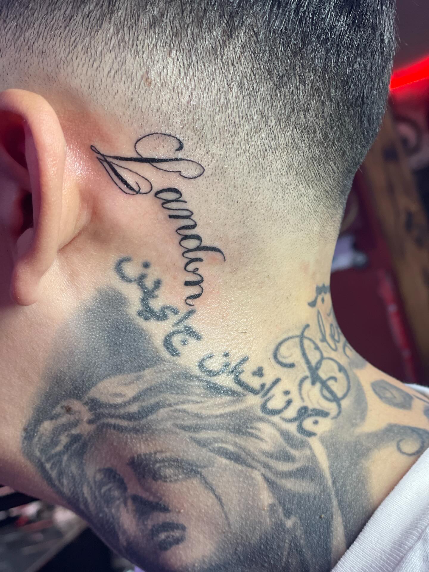 Script lettering lettering script tattoo on the neck by 😈headhuncho😈