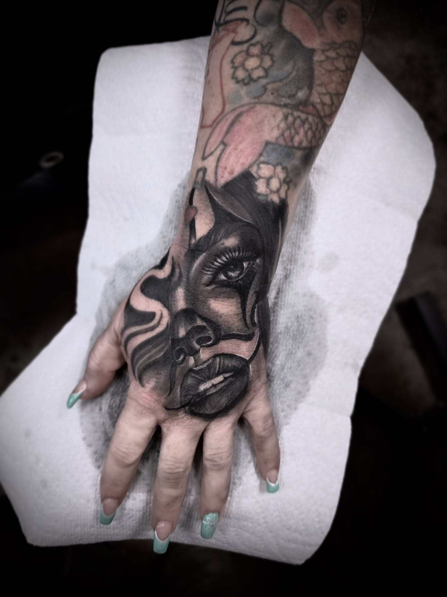 Woman's face realism tattoo on the hand by ♟️SouthEastLA♟️