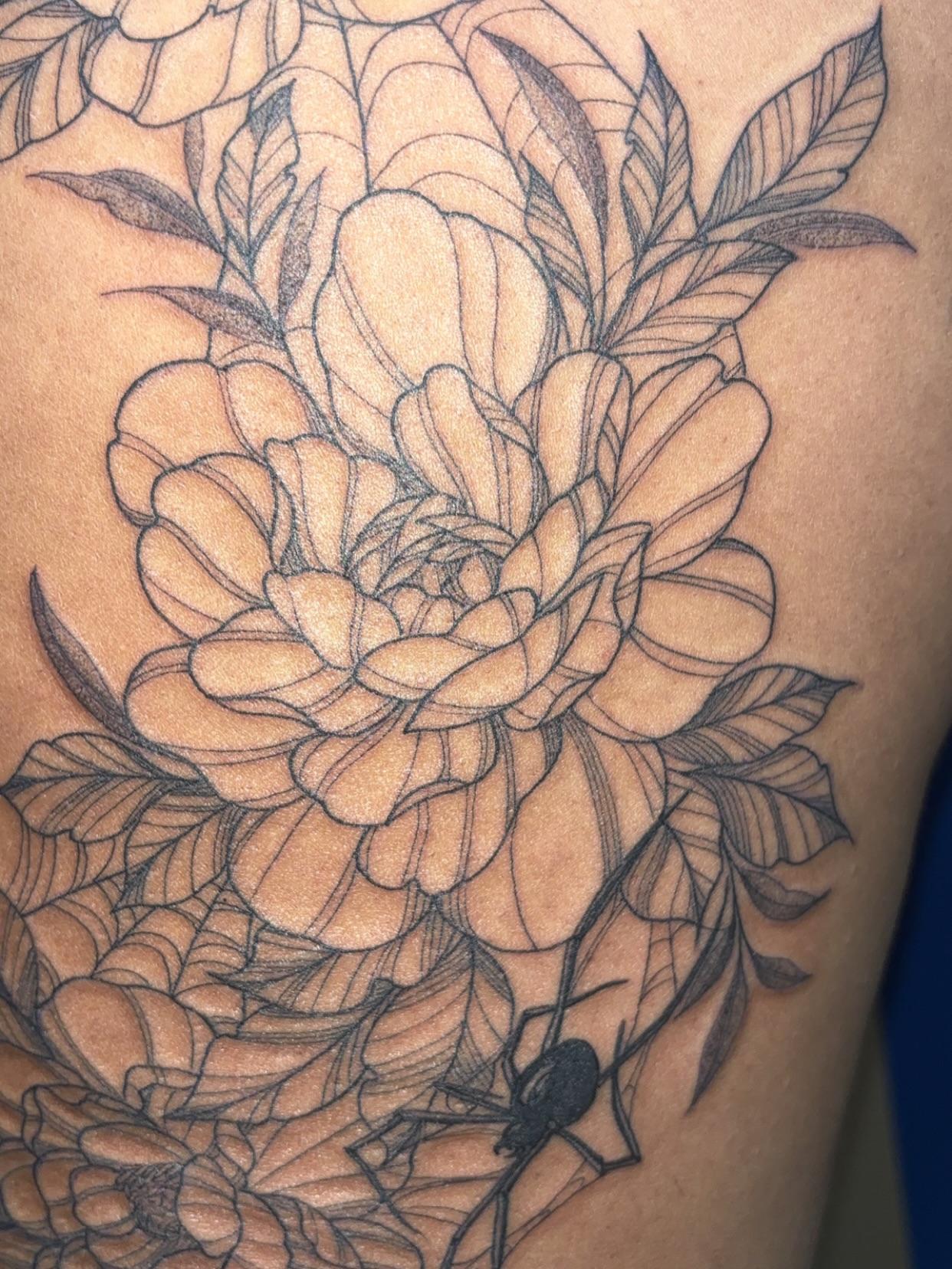 Peony flower black and grey tattoo on the thigh by ✨Cyerra Lynne✨