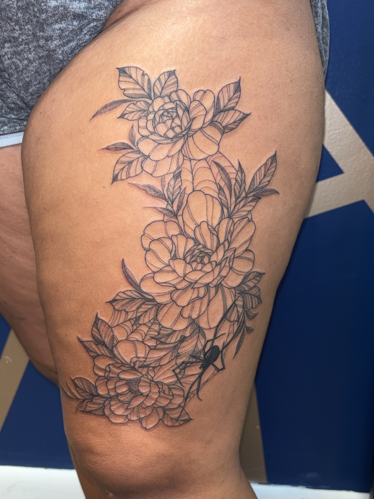 Peony flowers black and grey tattoo on the thigh by ✨Cyerra Lynne✨