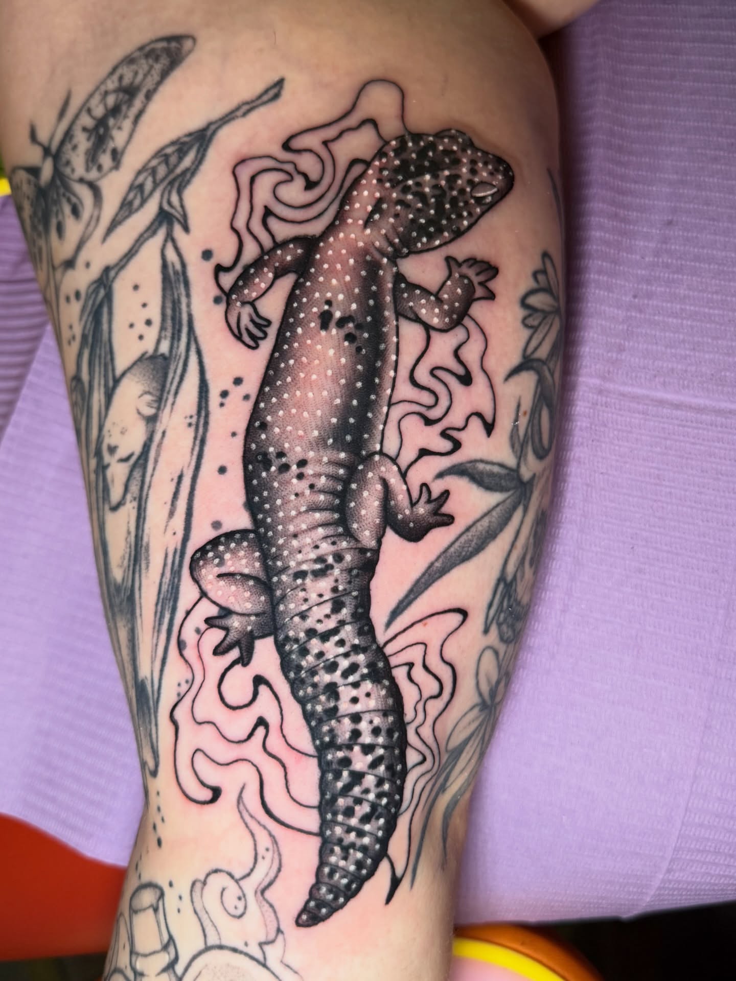 Gecko dotwork tattoo on the forearm by 🍄Annie Burkhard🍄, Indianapolis, Indiana