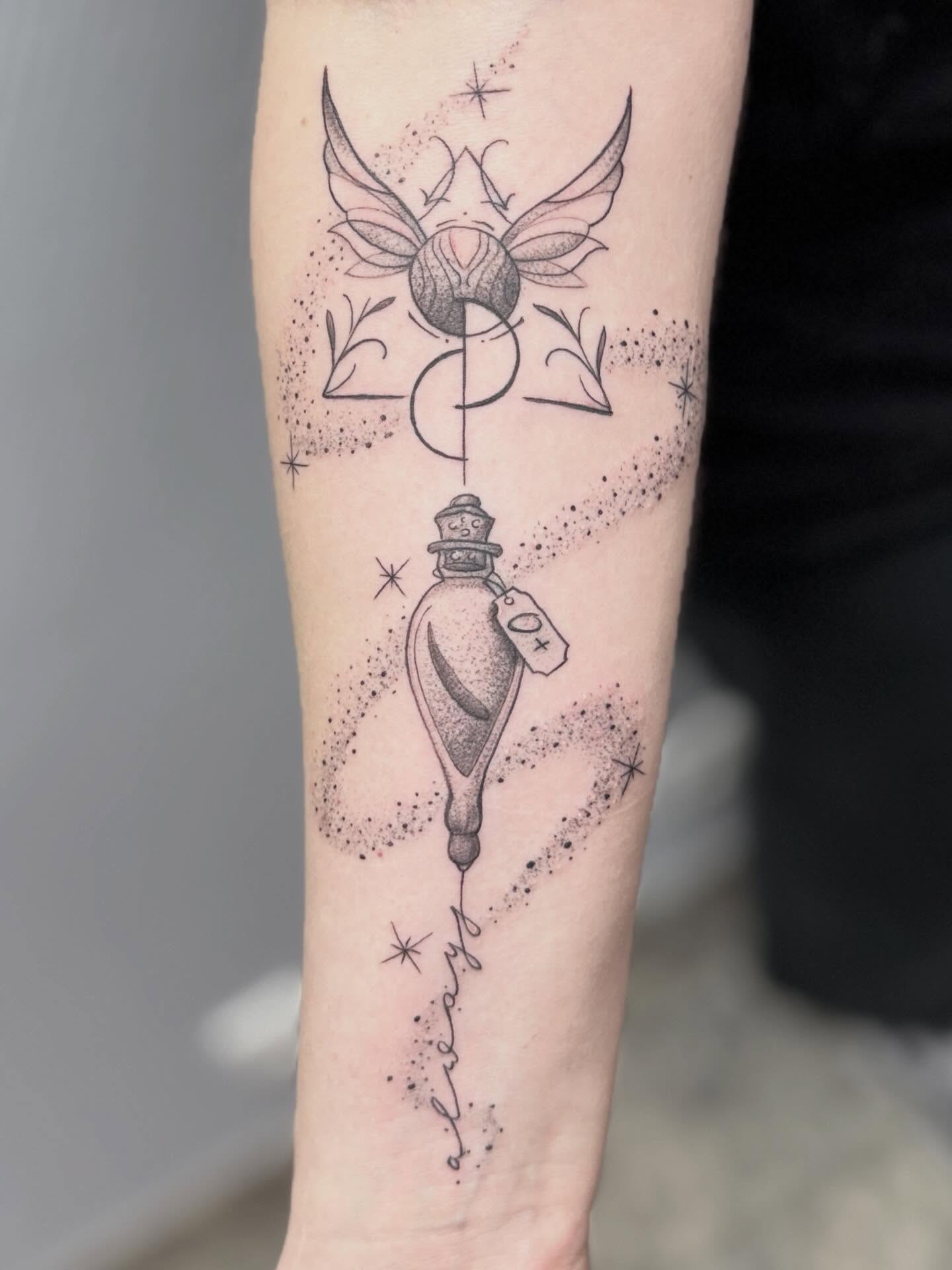 Bottle with butterfly dotwork tattoo on the forearm by Die Ivo, Bielefeld, Germany