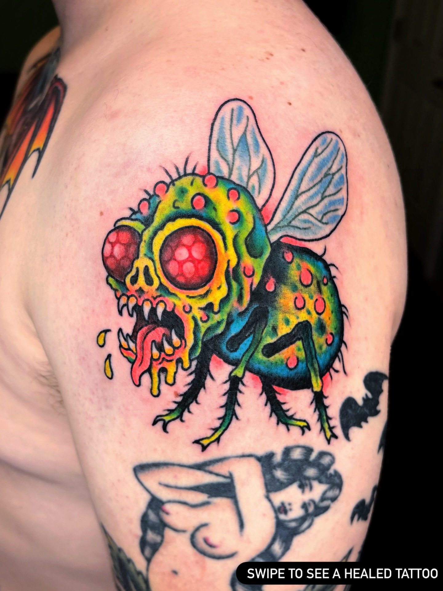 Tattoo by @randyconnertattoo — new_school, trash_polka